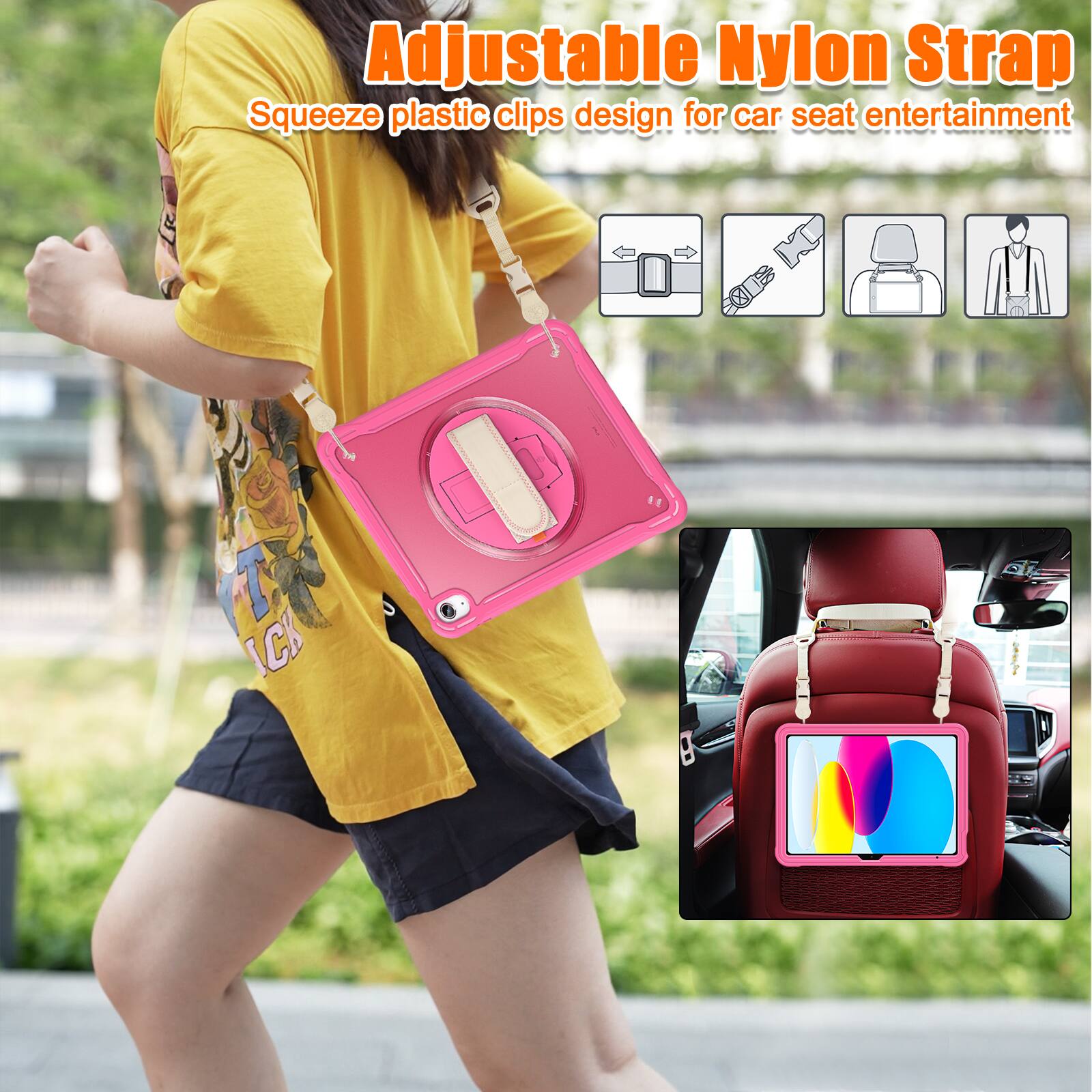 Adjustable Nylon Strap  
Squeeze plastic clips design for car seat entertainment