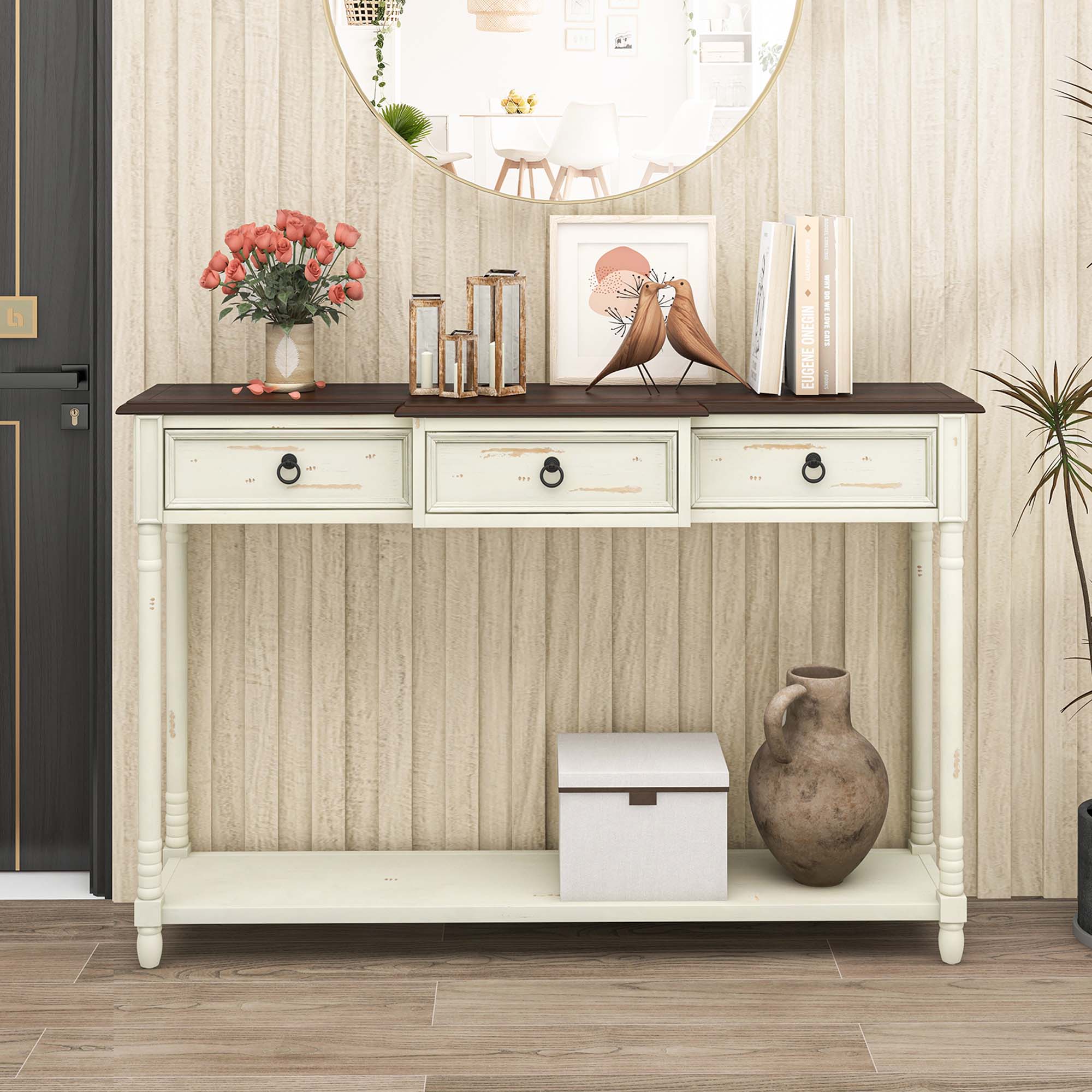 Back. Costway - Farmhouse Console Table Entryway Sideboard with 3 Drawers & Open Storage Shelf - Off-white/Brown.