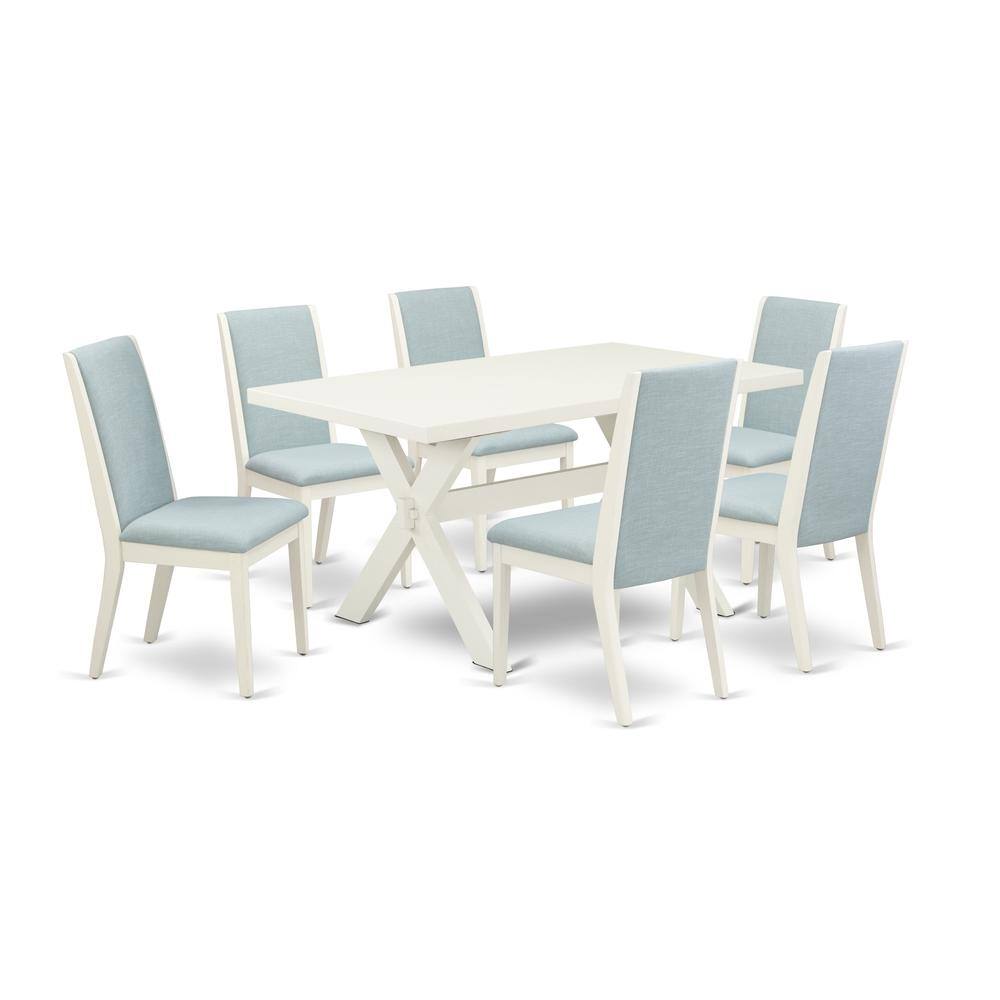 Left. East West Furniture - East West Furniture X026LA015-7 7Pc Dinette Set Includes a Wood Table and 6 Upholstered Dining Chairs with Baby Blue - Multi-Color.