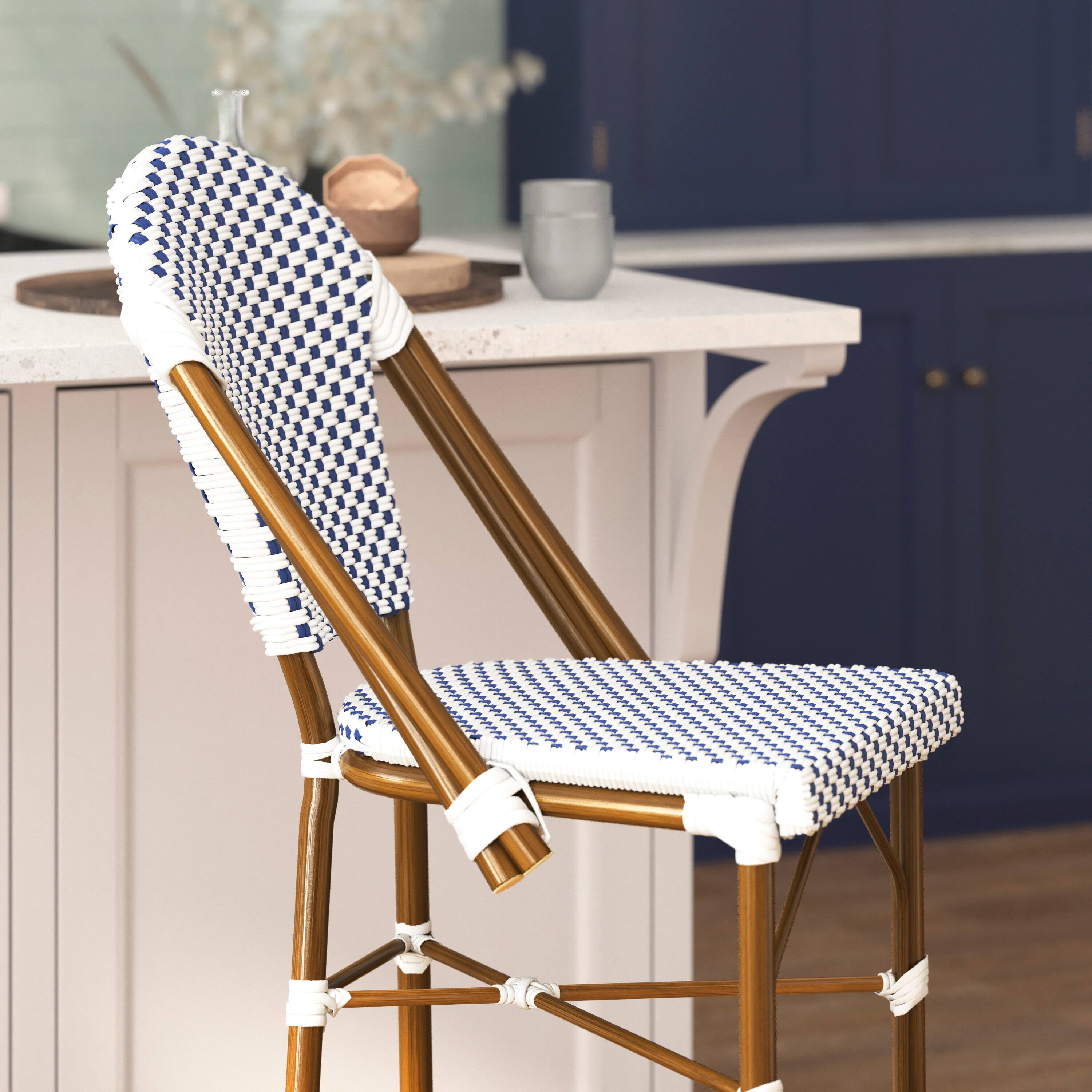 Alt View 3. Flash Furniture - Lourdes Stackable Indoor/Outdoor Bistro 30" High Barstool, Commercial Grade, White/Navy and Bamboo Finish - Blue.