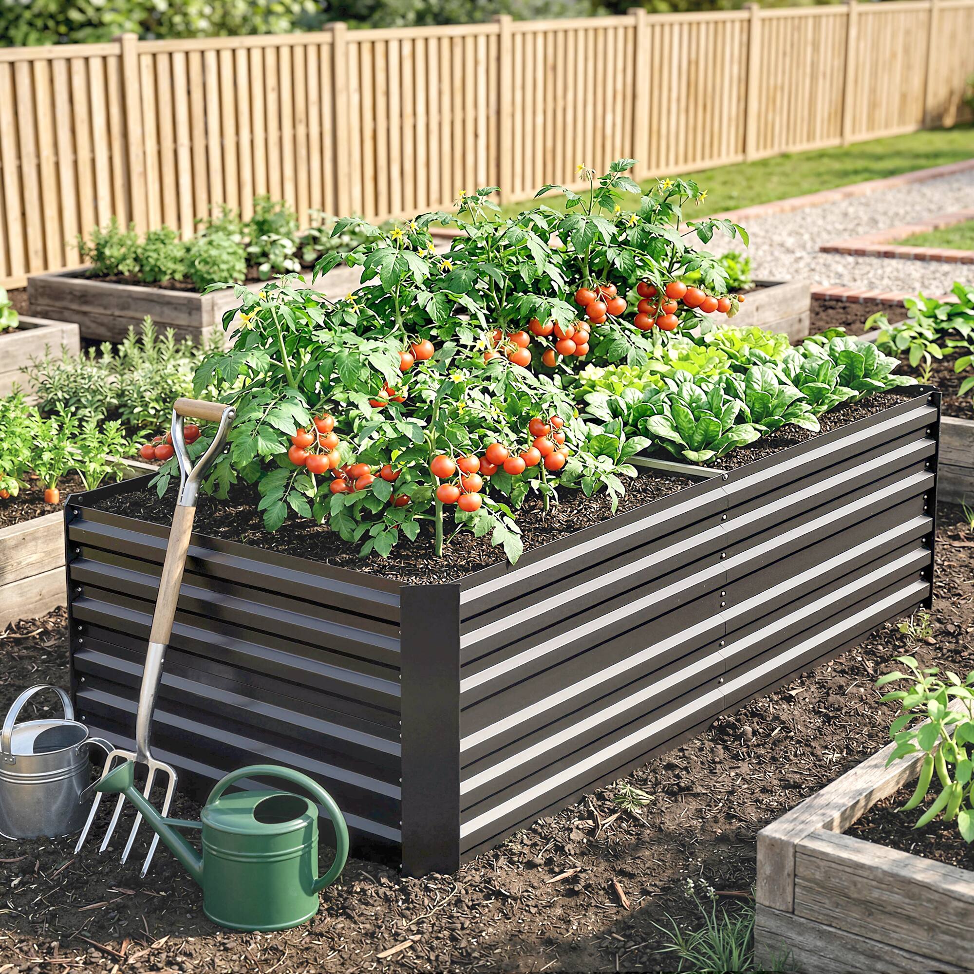 Alt View 6. Outsunny - Raised Garden Bed, Steel Outdoor Planters with Reinforced Rods, 71" x 36" x 23" - Dark Gray.