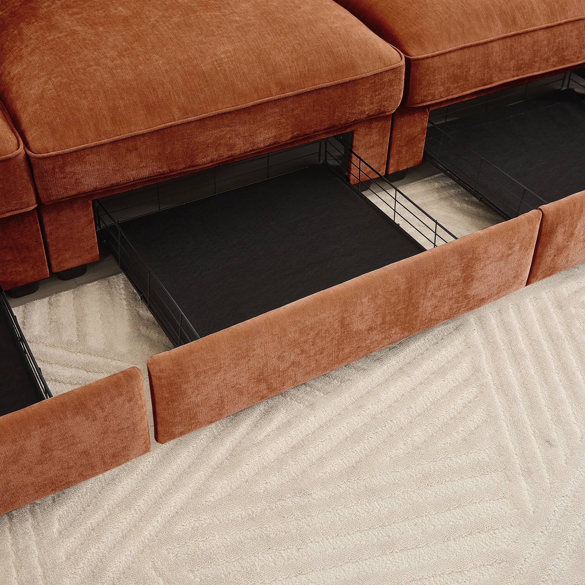 Alt View 2. Aukfa - U-Shaped 3-Seater Deep-Seat Sofa with 2 Footstools - Pull-Out Storage Drawers, Crescent Armrests, Chenille - Orange.