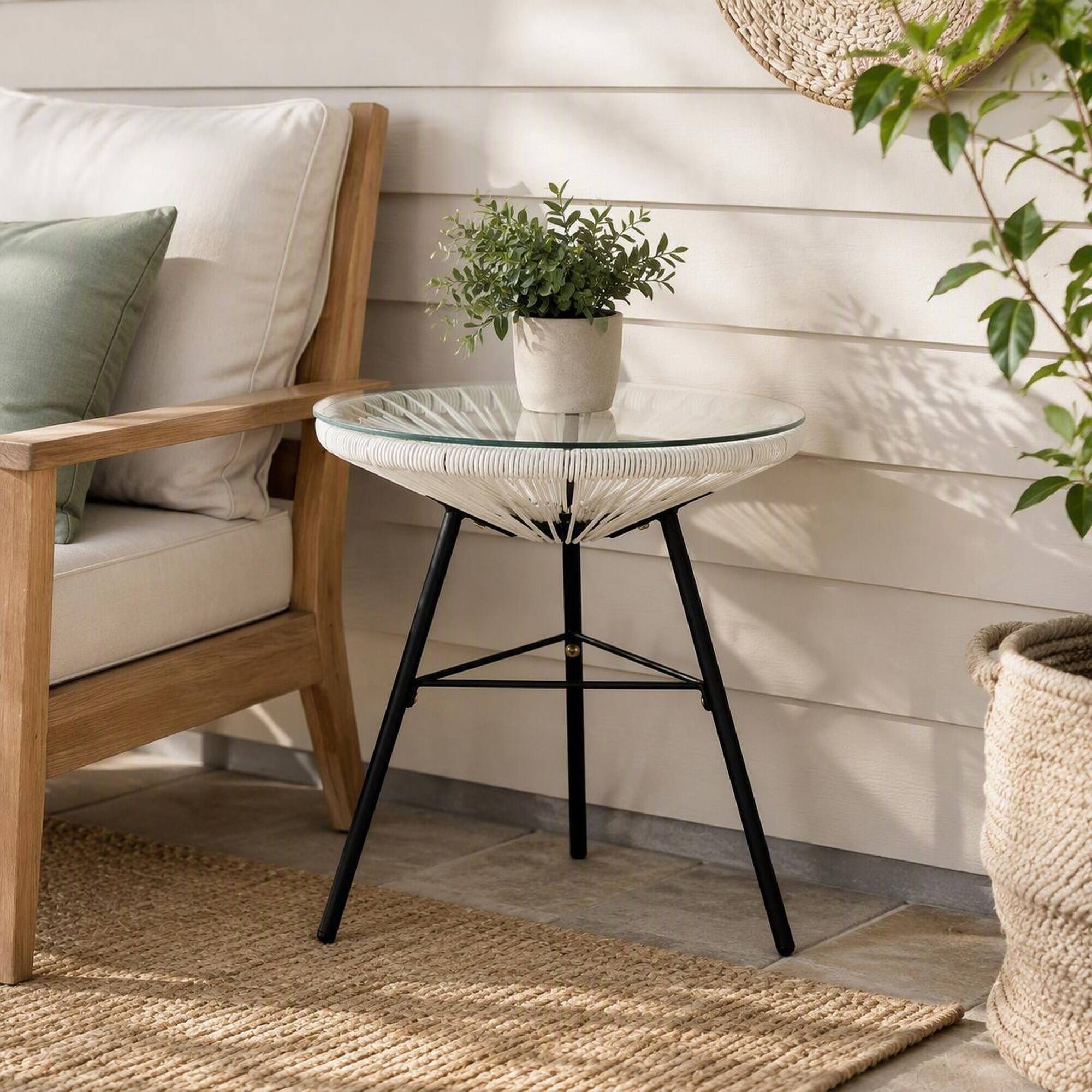 Alt View 1. RYHNUYNE - White Rattan Side Table with Clear Glass Top,Outdoor Accent Table, Weatherproof Patio & Balcony Furniture - White.