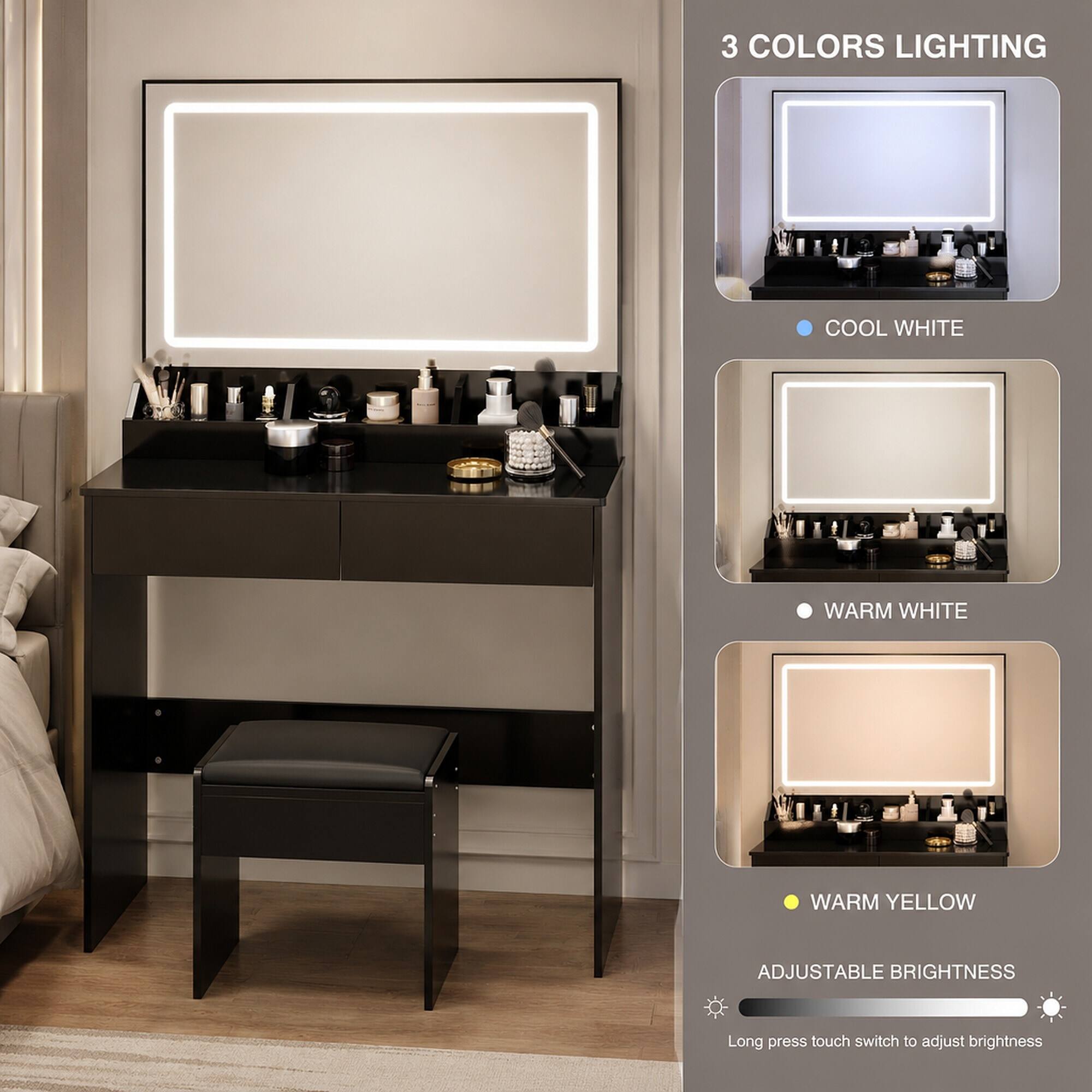 3 COLORS LIGHTING  
- COOL WHITE  
- WARM WHITE  
- WARM YELLOW  

ADJUSTABLE BRIGHTNESS  
Long press touch switch to adjust brightness