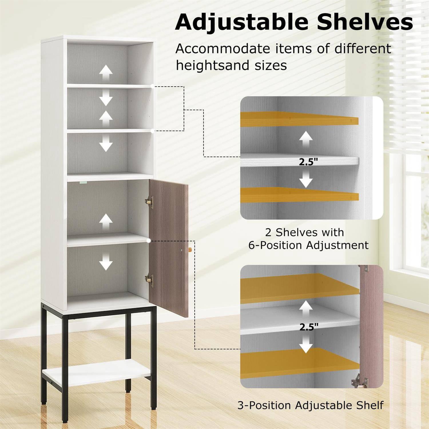 Adjustable Shelves  
Accommodate items of different heights and sizes  

2 Shelves with 6-Position Adjustment  
2.5"  

3-Position Adjustable Shelf  
2.5"