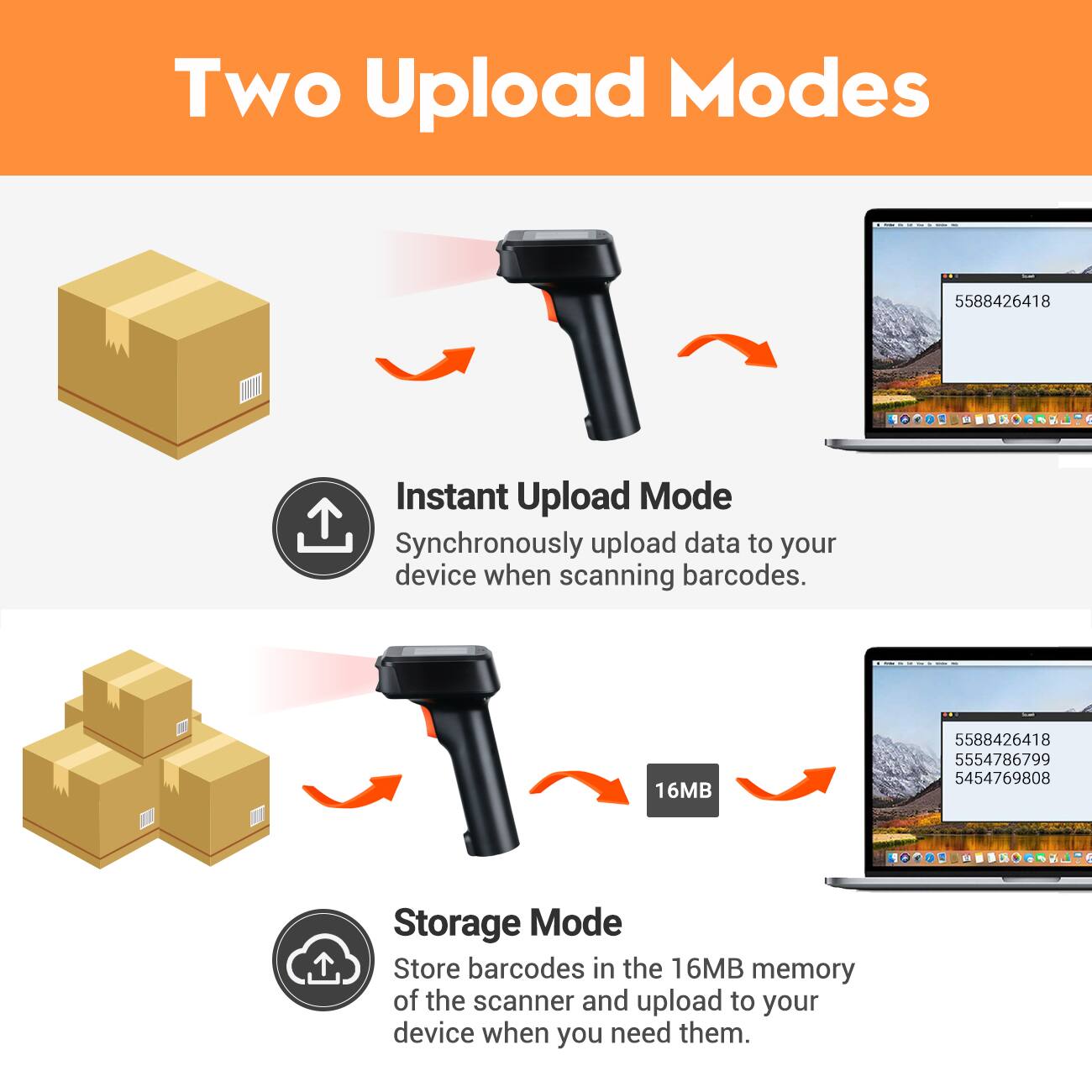 Two Upload Modes

Instant Upload Mode  
Synchronously upload data to your device when scanning barcodes.

Storage Mode  
Store barcodes in the 16MB memory of the scanner and upload to your device when you need them.