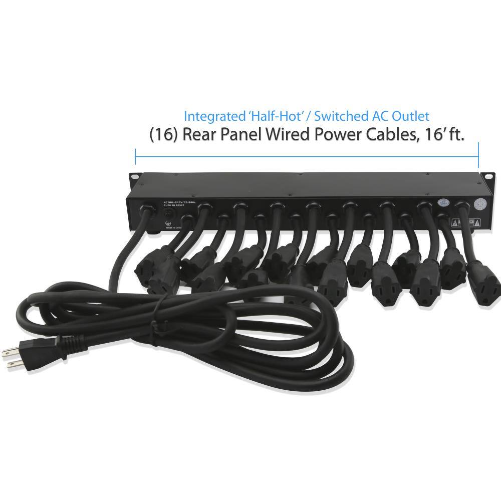 Integrated 'Half-Hot' / Switched AC Outlet (16) Rear Panel Wired Power Cables, 16'ft.