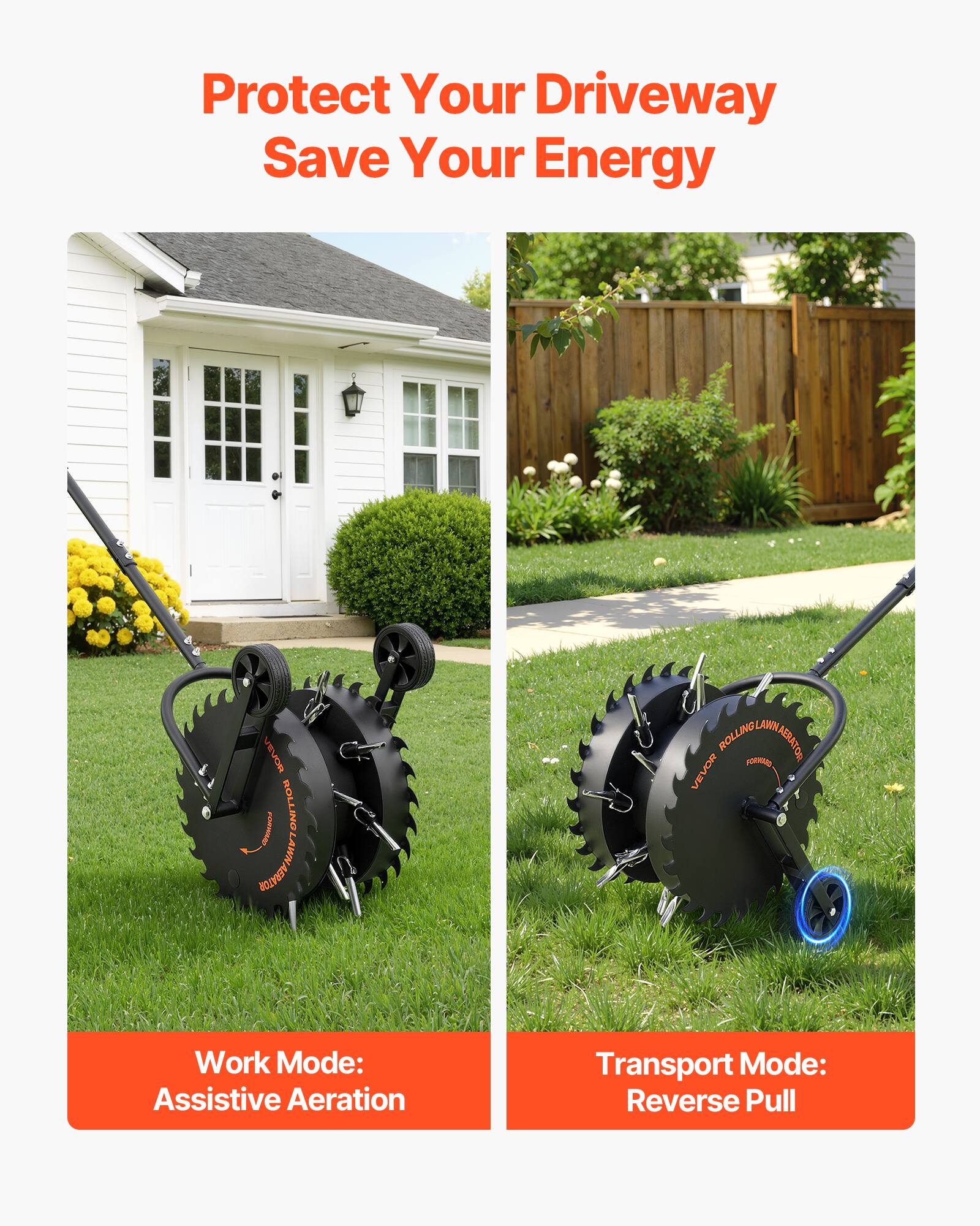Protect Your Driveway Save Your Energy

VEVOR C ROLLING LAWN AERATOR

Work Mode: Assistive Aeration

Transport Mode: Reverse Pull