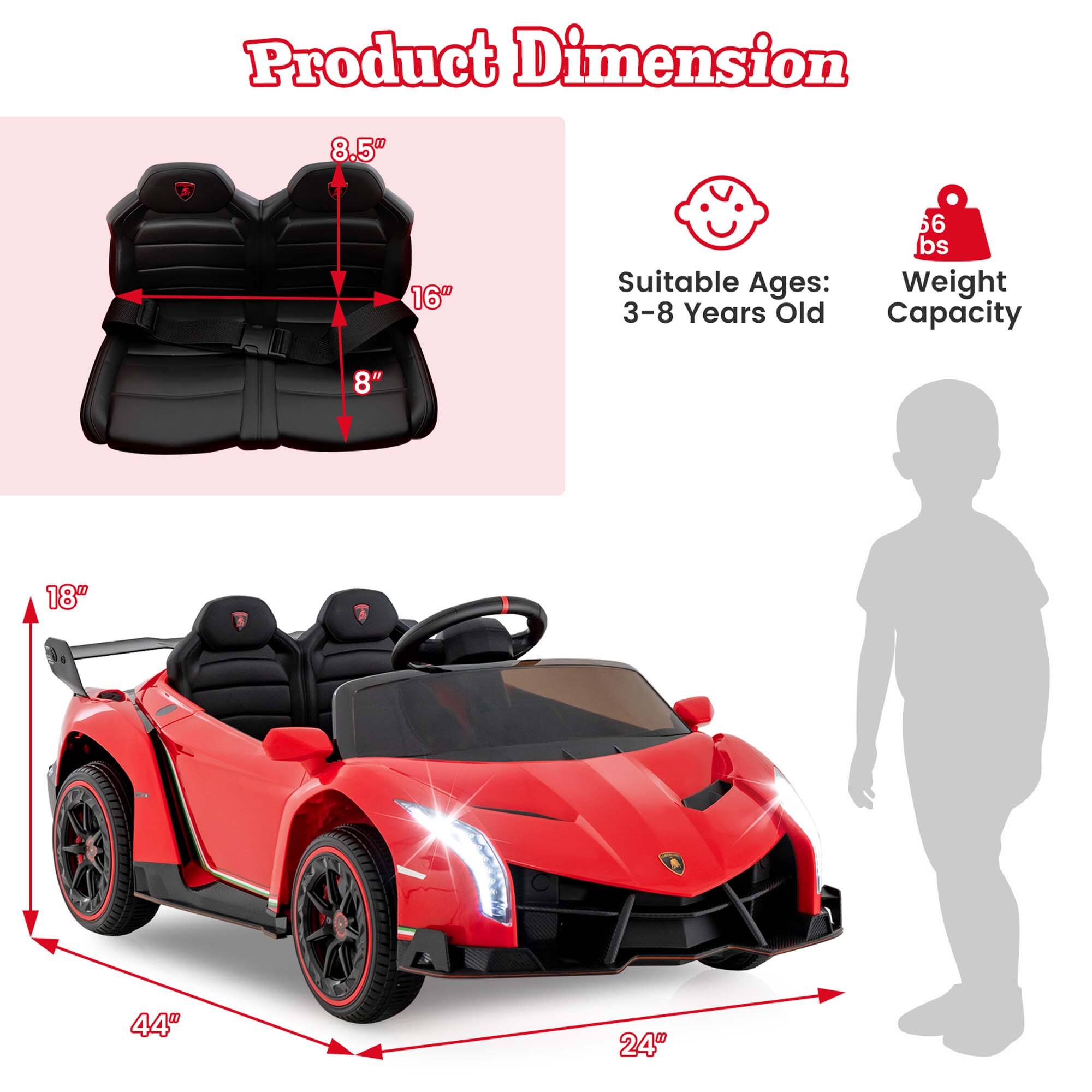 Product Dimension

- Seat Dimensions: 8.5" x 16" x 8"
- Car Dimensions: 44" x 24" x 18"

Suitable Ages: 3-8 Years Old

Weight Capacity: 56 lbs