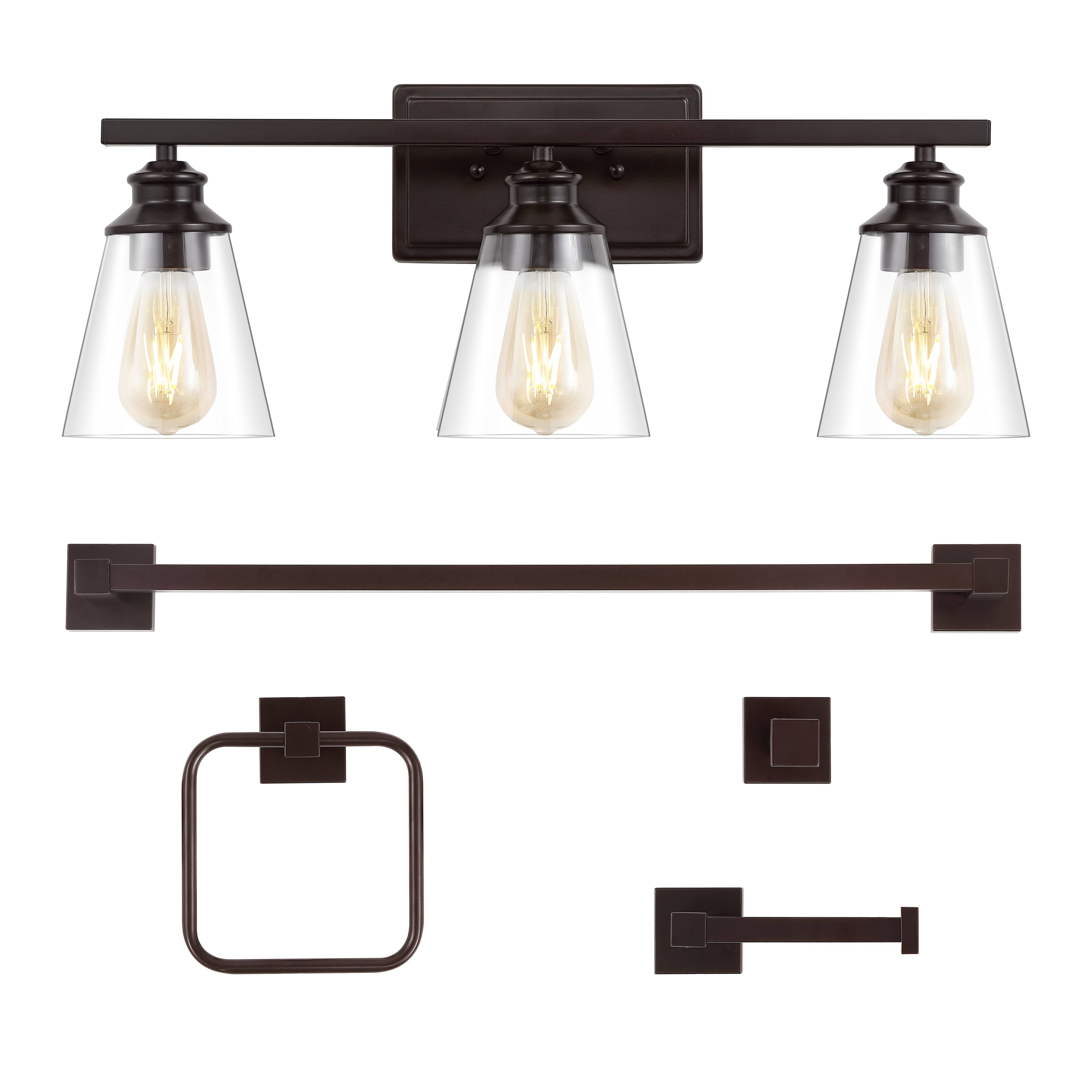 Front. Jonathan Y - Arlo 22.88" 3-Light Vintage Classic Vanity Light with Bathroom Hardware Accessory Set, Oil Rubbed Bronze (5-Piece) - Oil Rubbed Bronze.