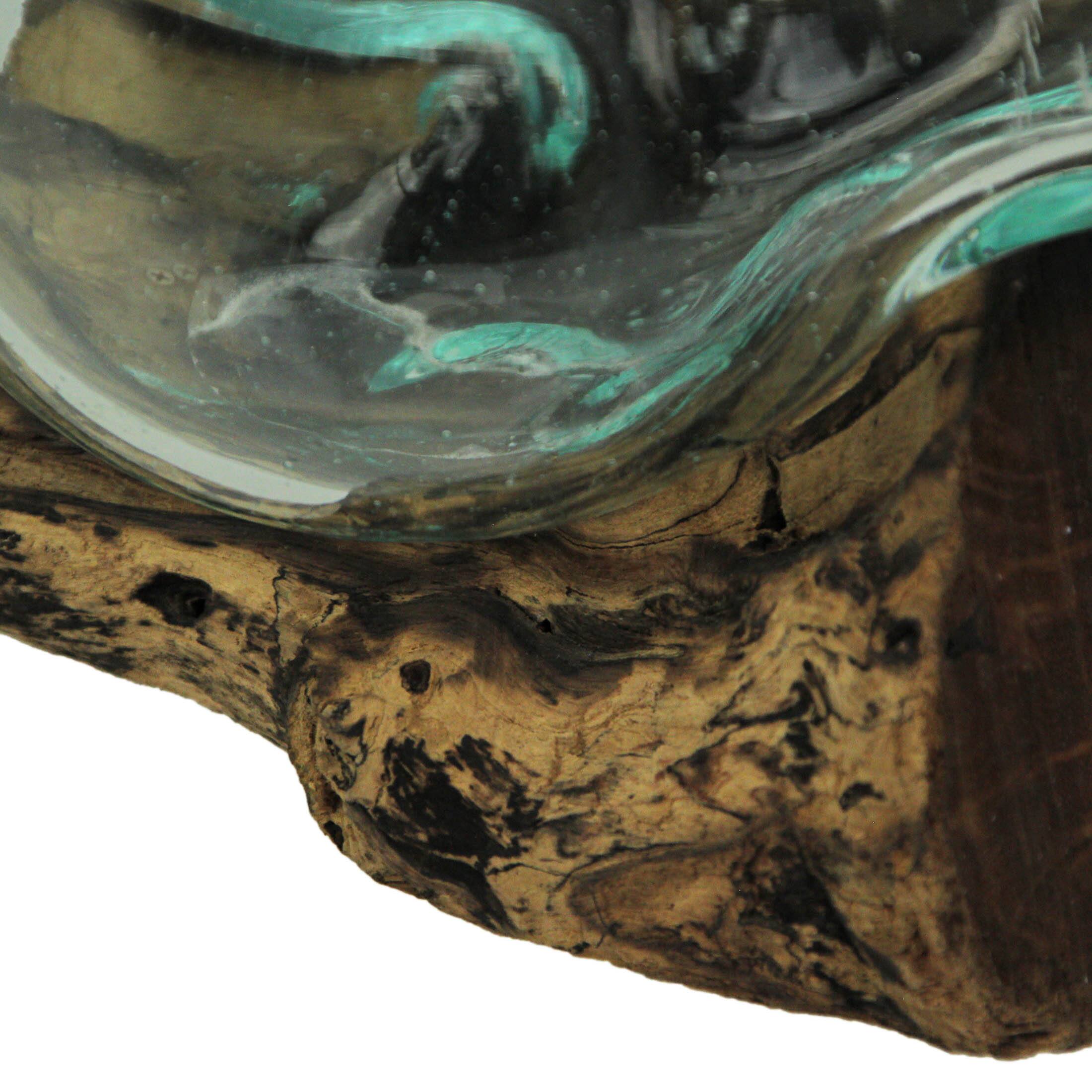 Alt View 2. Chesapeake Bay - Medium Wide Molten Glass on Teak Driftwood Sculptural Vase and Bowl - Brown.