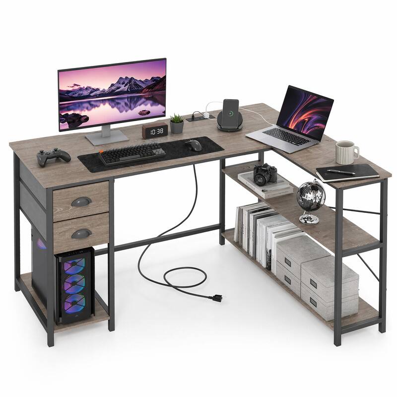 Angle. WELLFOR - 48" L Shaped Office Desk Charging Station &2 Fabric Drawers,Corner Computer Desk with Open Shelf for Home Office Gaming - Oak.