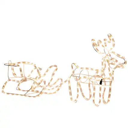 Front. Outsunny - 35" Christmas Reindeer and Sleigh with LED Motif Warm White Lighting, Indoor Outdoor Steel Frame Yard Decoration - White.