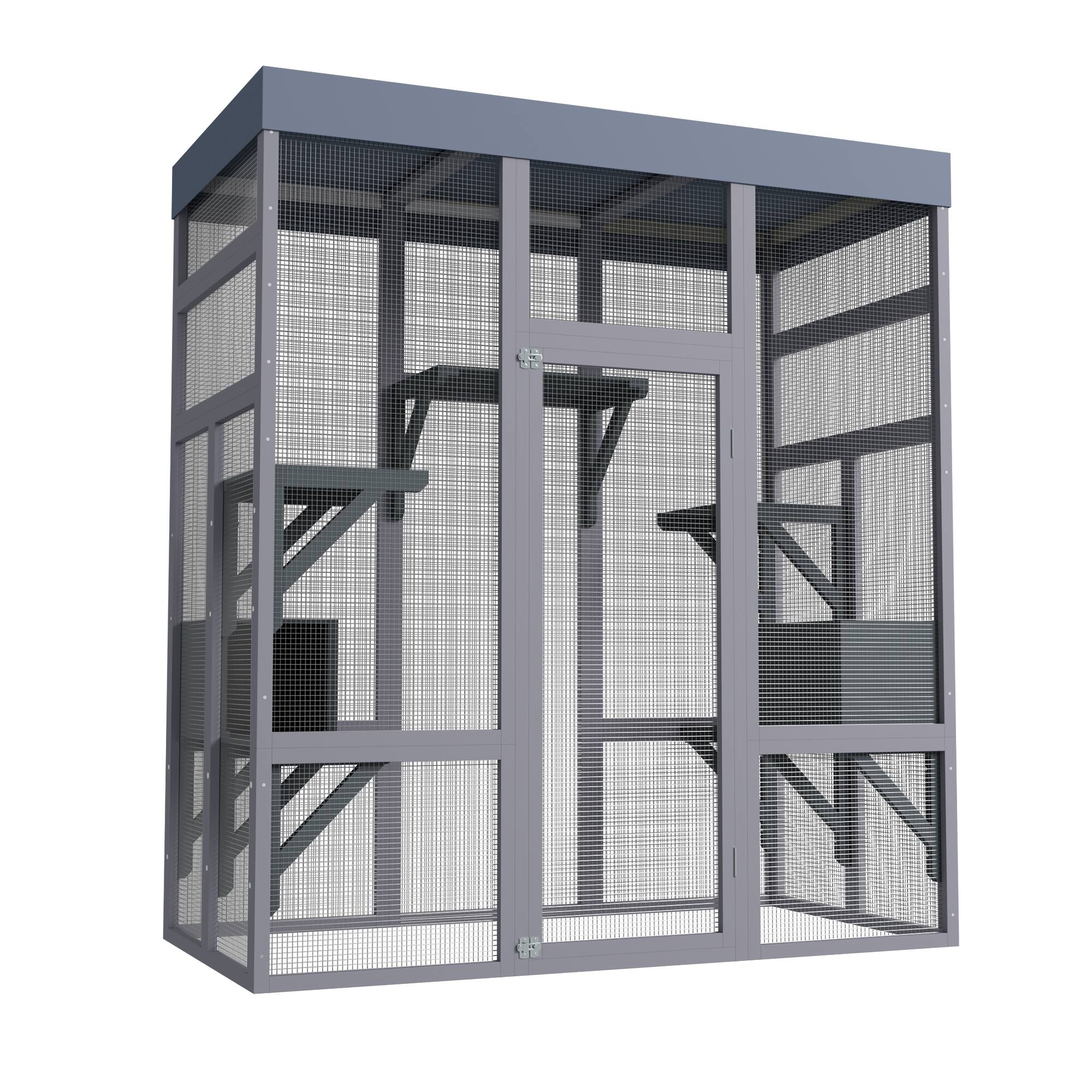 Left. Siljoy - 62.6" Outdoor Catio with Waterproof Roof, 2 Napping Houses, Platforms & Galvanized Mesh Cat House.