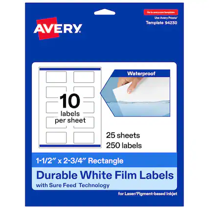 Go to avery.com/templates
Use Avery Presta™ Template 94230
Waterproof
10 labels per sheet
25 sheets
250 labels
1-1/2" x 2-3/4" Rectangle
Durable White Film Labels with Sure Feed™ Technology for Laser/Pigment-based Inkjet