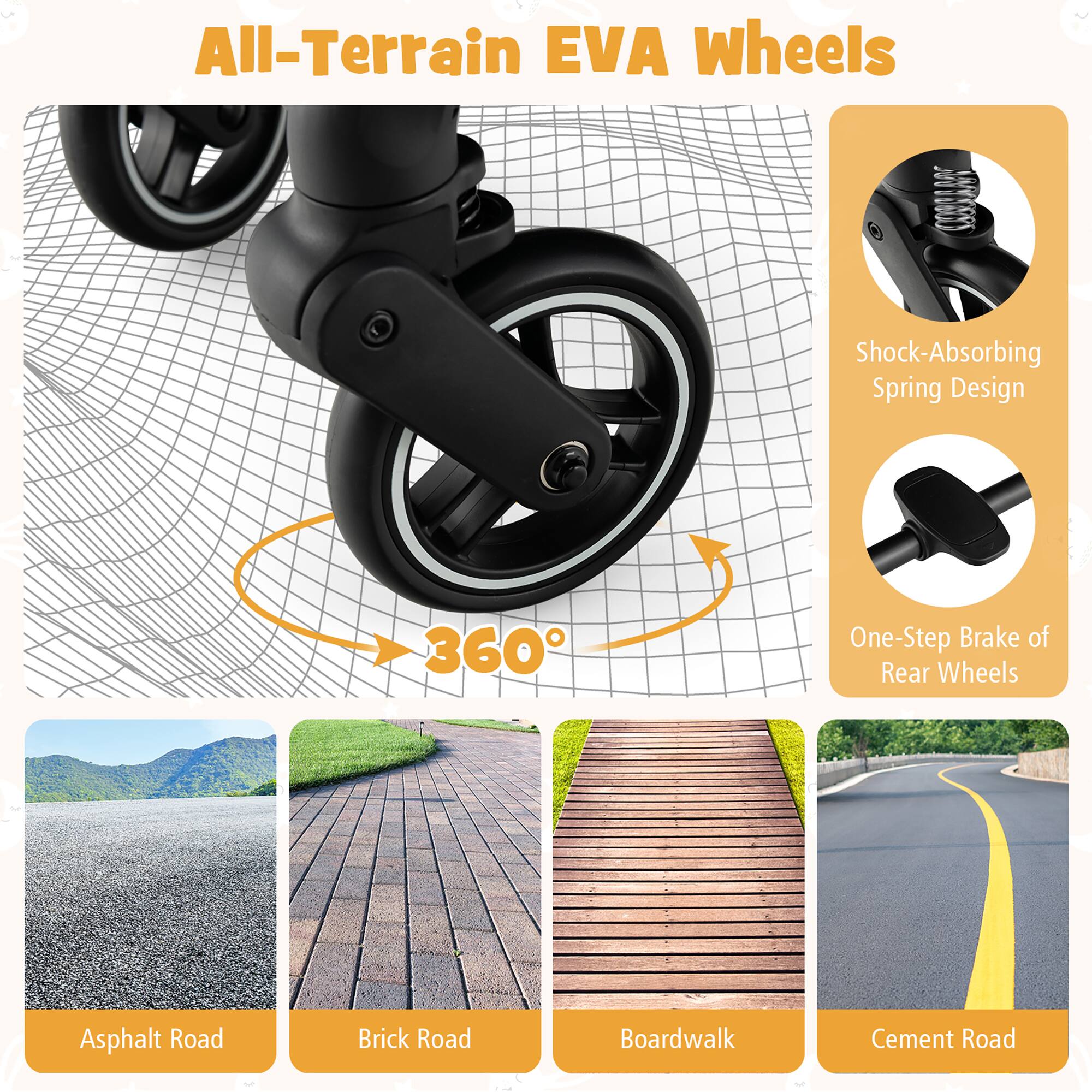 All-Terrain EVA Wheels, Shock-Absorbing Spring Design, 360°, One-Step Brake of Rear Wheels, Asphalt Road, Brick Road, Boardwalk, Cement Road