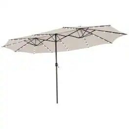 Costway - 15FT Twin Patio Double-Sided Umbrella 48 Solar LED Lights Crank Outdoor - Beige