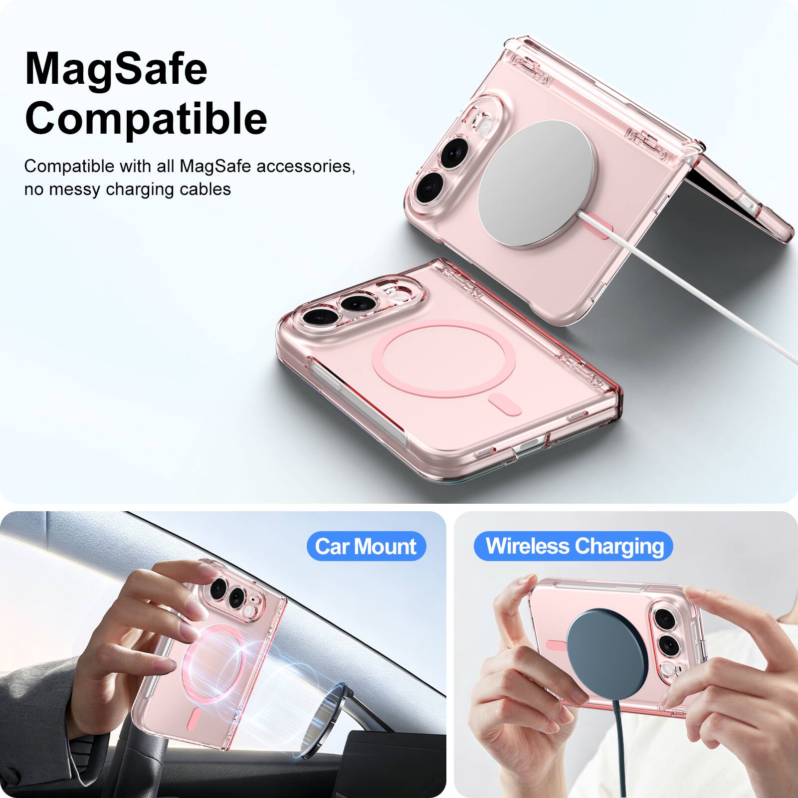 MagSafe Compatible  
Compatible with all MagSafe accessories, no messy charging cables  

Car Mount  
Wireless Charging