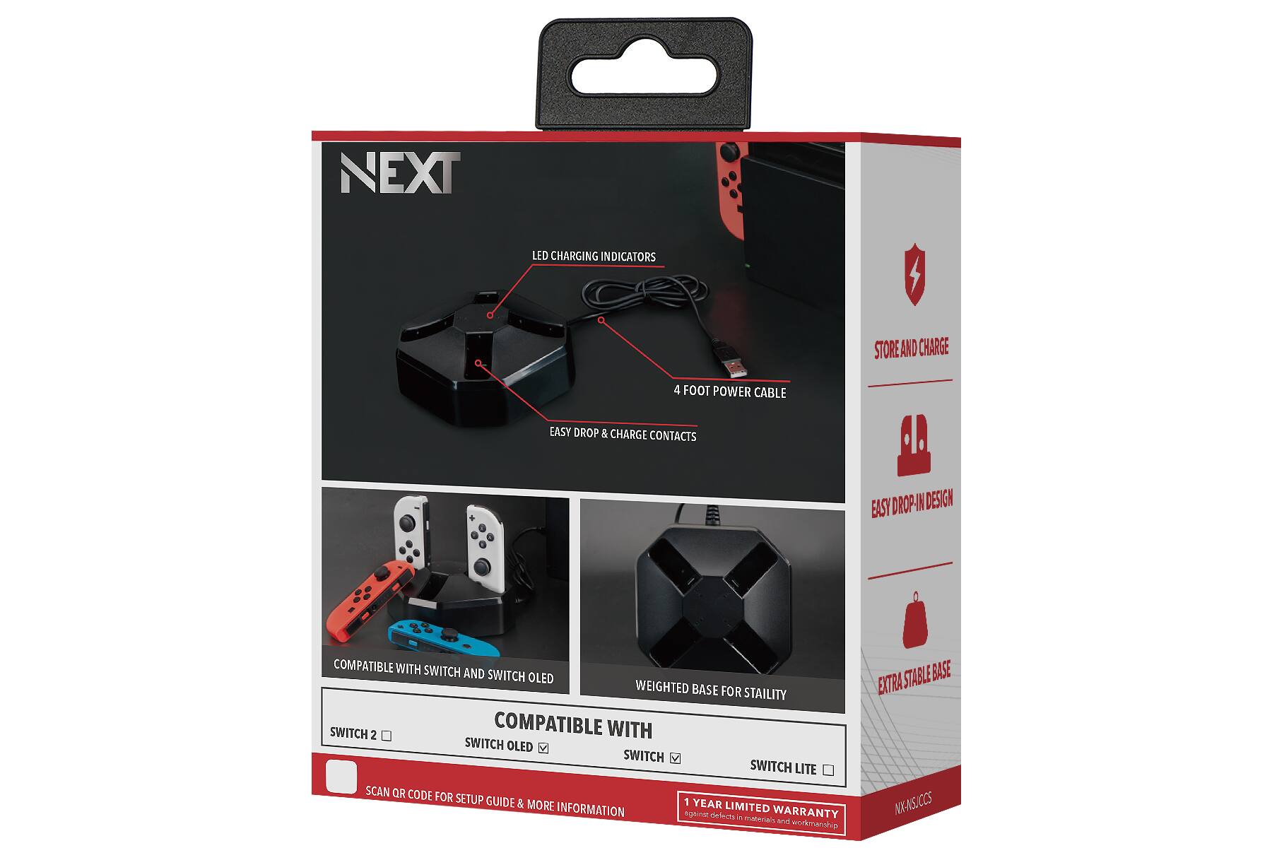 NEXT

LED CHARGING INDICATORS
4 FOOT POWER CABLE
EASY DROP & CHARGE CONTACTS

STORE AND CHARGE
EASY DROP-IN DESIGN
EXTRA STABLE BASE

COMPATIBLE WITH
SWITCH 2
SWITCH OLED
SWITCH LITE

SCAN QR CODE FOR SETUP GUIDE & MORE INFORMATION

1 YEAR LIMITED WARRANTY against defects in materials and workmanship

NEX-AS-CCS