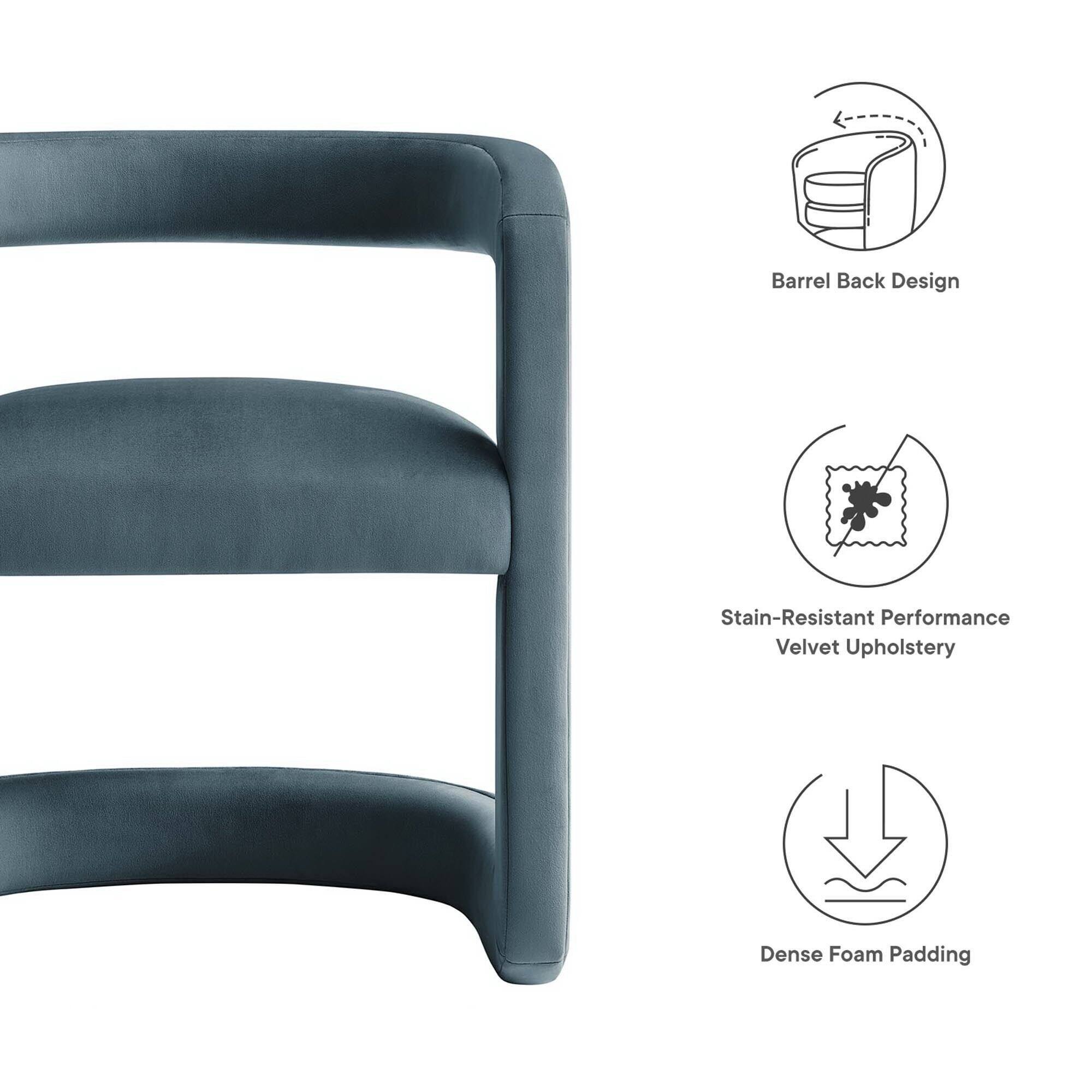 - Barrel Back Design
- Stain-Resistant Performance Velvet Upholstery
- Dense Foam Padding