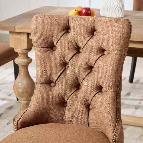 Alt View 3. LUCKY ONE - Assembled Tufted Linen Dining Chair Set of 2 with Wood Legs Nailhead Trim High Back - Coffee.