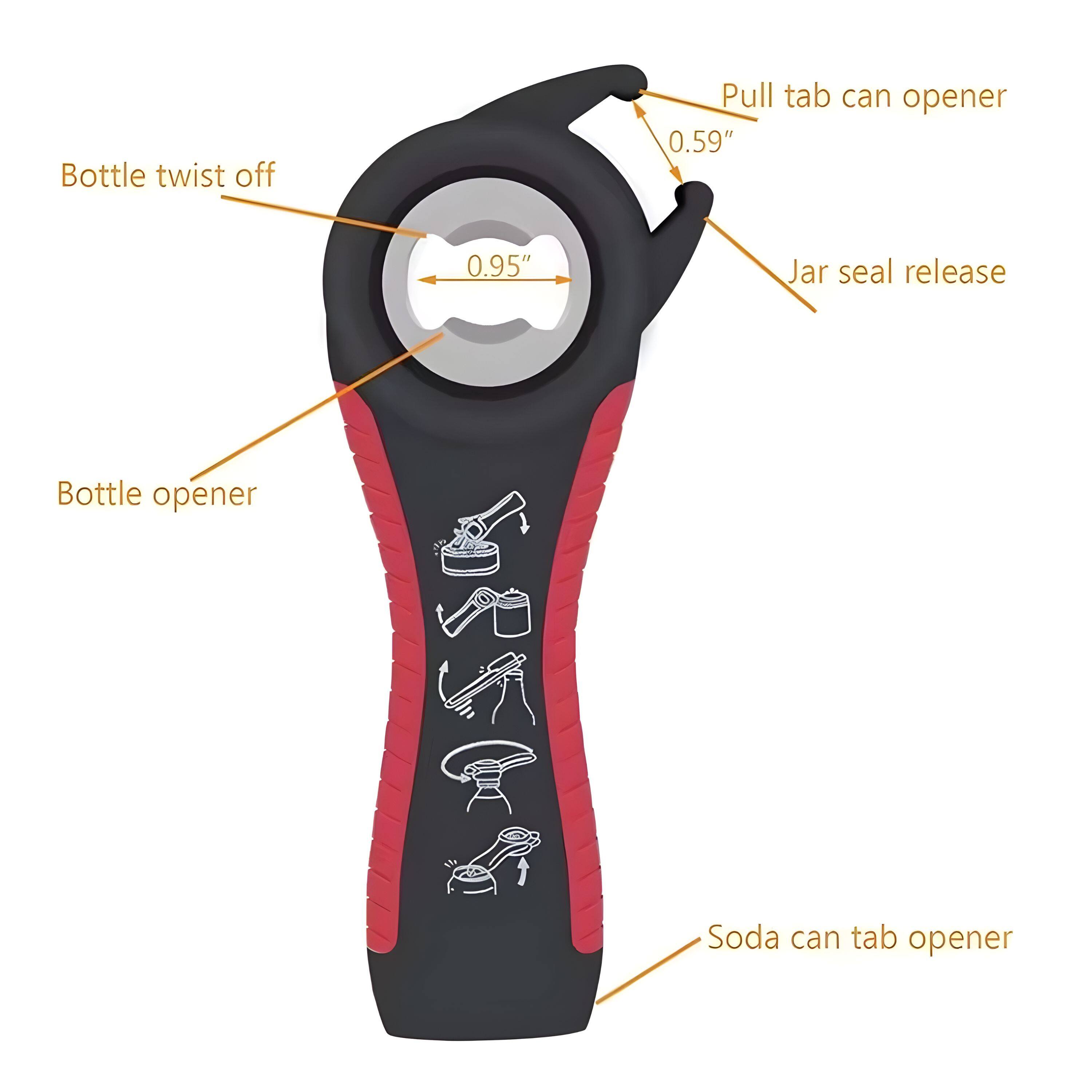 - Bottle twist off
- Bottle opener
- Pull tab can opener (0.59")
- Jar seal release
- Soda can tab opener
- 0.95"