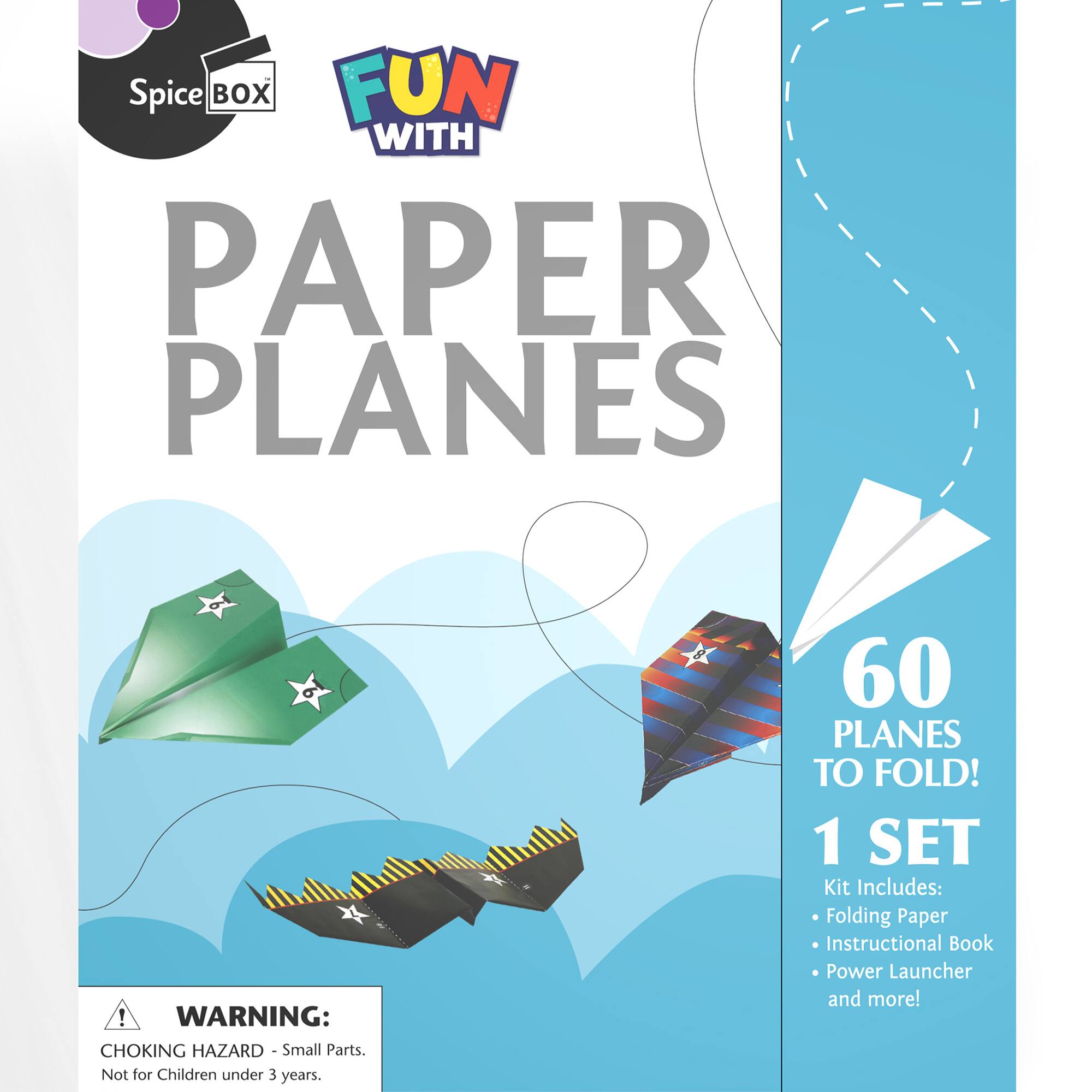 Spice Box Fun with Paper Planes! Warning: Choking Hazard - Small Parts. Not for Children under 3 years. 60 Planes to Fold! 1 SET Kit includes: Folding Paper Instructional Book, Power Launcher, and more!