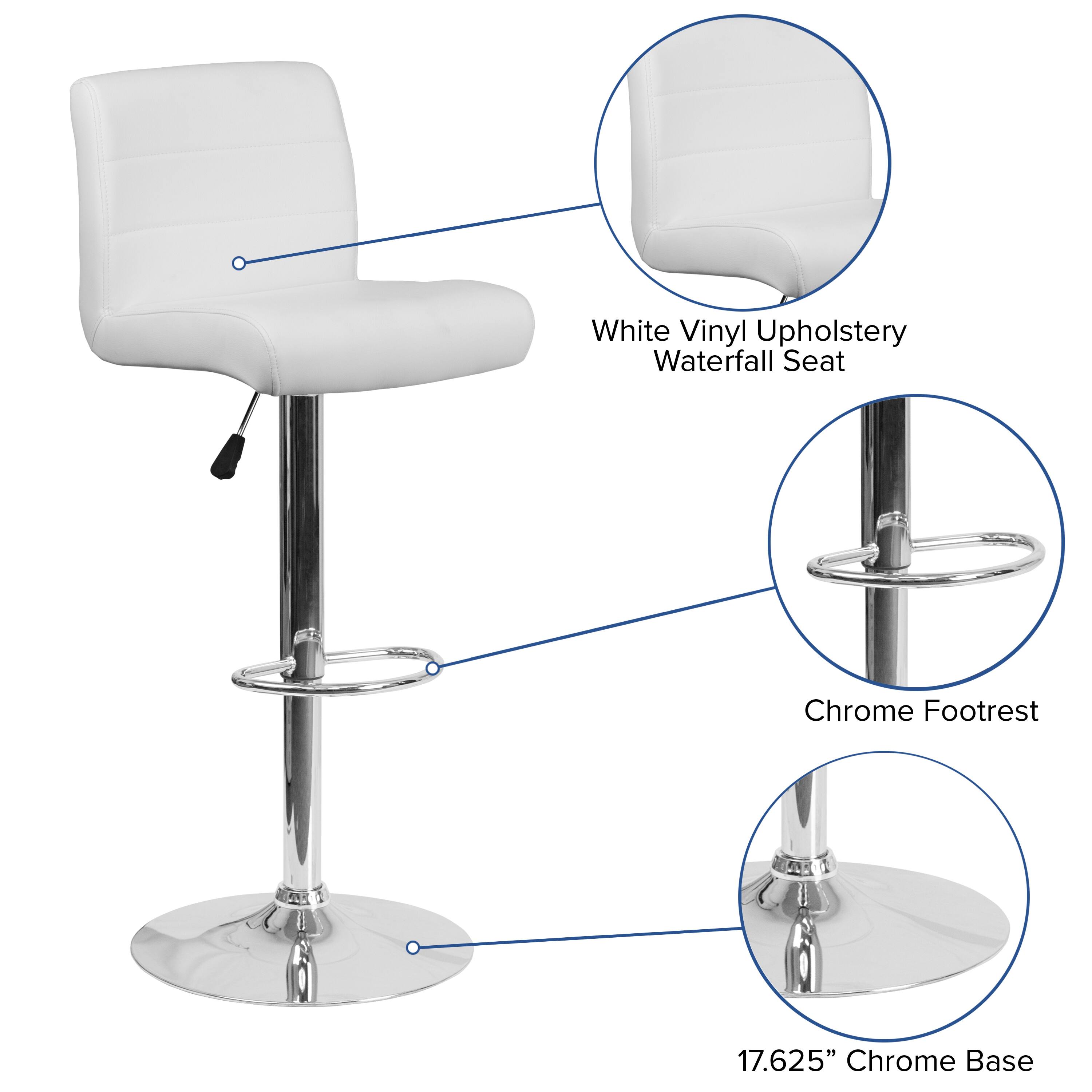 White Vinyl Upholstery Waterfall Seat  
Chrome Footrest  
17.625" Chrome Base