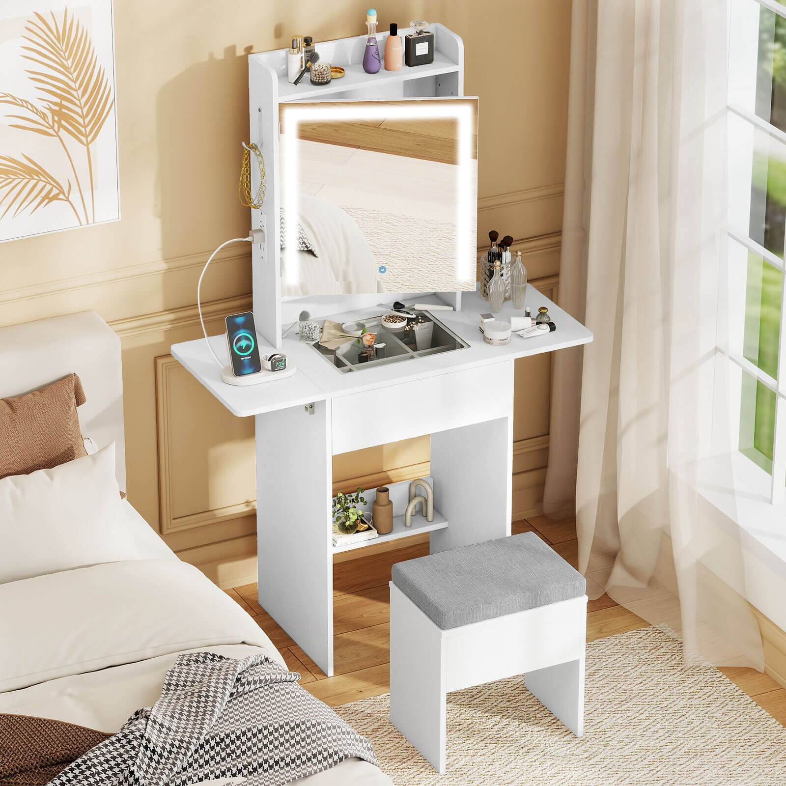 Alt View 3. Costway - Costway Vanity Desk with Mirror & Lights, Stool, 2 Drop Leaf Tables, Charging Station - White.