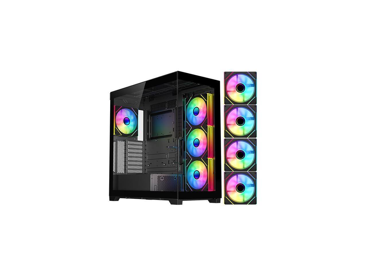 Angle. DIYPC - DIYPC Vanguard-F2-BK - Black ATX Full Tower w/ USB3.0/Type C, Tempered Glass, 4x140mm ARGB Fans, BTF Support - Black.