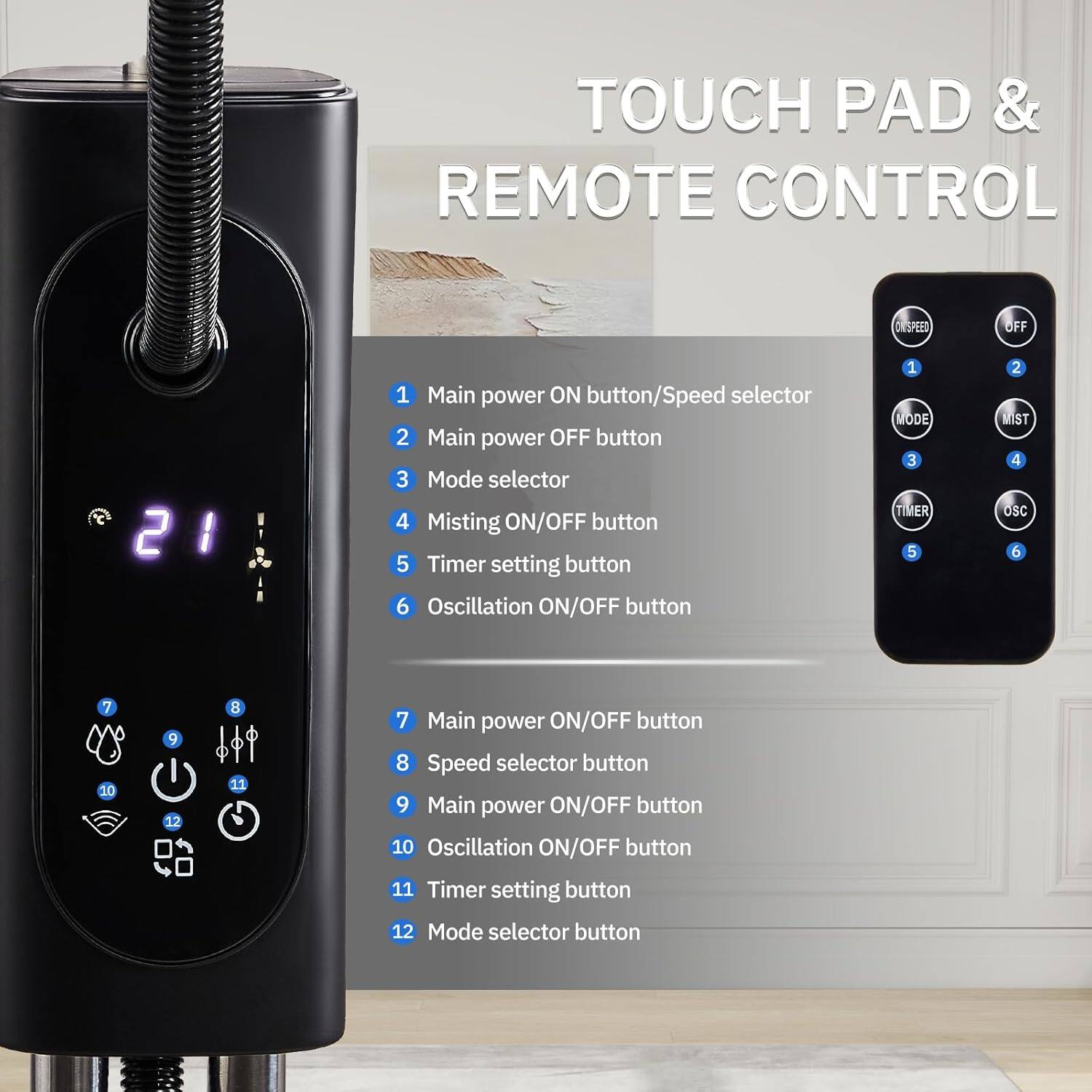 TOUCH PAD & REMOTE CONTROL

1. Main power ON button/Speed selector
2. Main power OFF button
3. Mode selector
4. Misting ON/OFF button
5. Timer setting button
6. Oscillation ON/OFF button

7. Main power ON/OFF button
8. Speed selector button
9. Main power ON/OFF button
10. Oscillation ON/OFF button
11. Timer setting button
12. Mode selector button