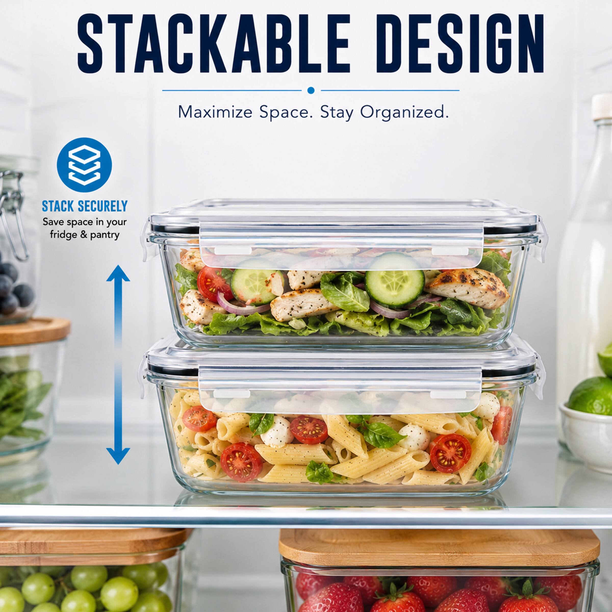 STACKABLE DESIGN  
Maximize Space. Stay Organized.  

STACK SECURELY  
Save space in your fridge & pantry