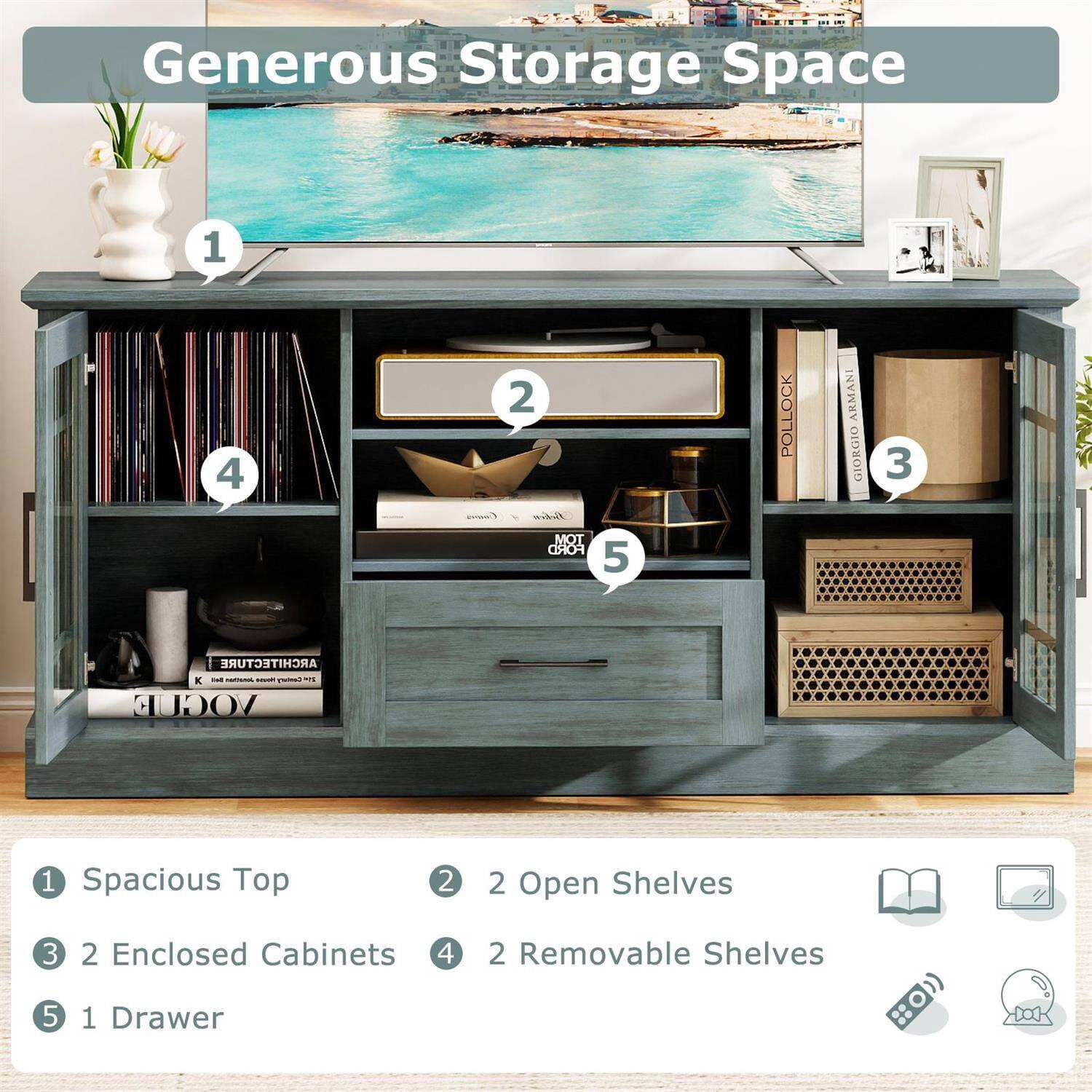 Generous Storage Space

1. Spacious Top
2. 2 Open Shelves
3. 2 Enclosed Cabinets
4. 2 Removable Shelves
5. 1 Drawer