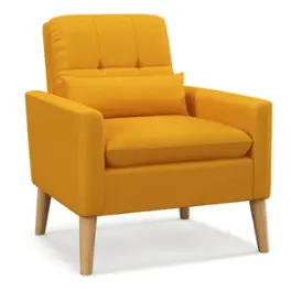 Costway - Mid-Century Modern Linen Accent Chair with Lumbar Pillow - Yellow