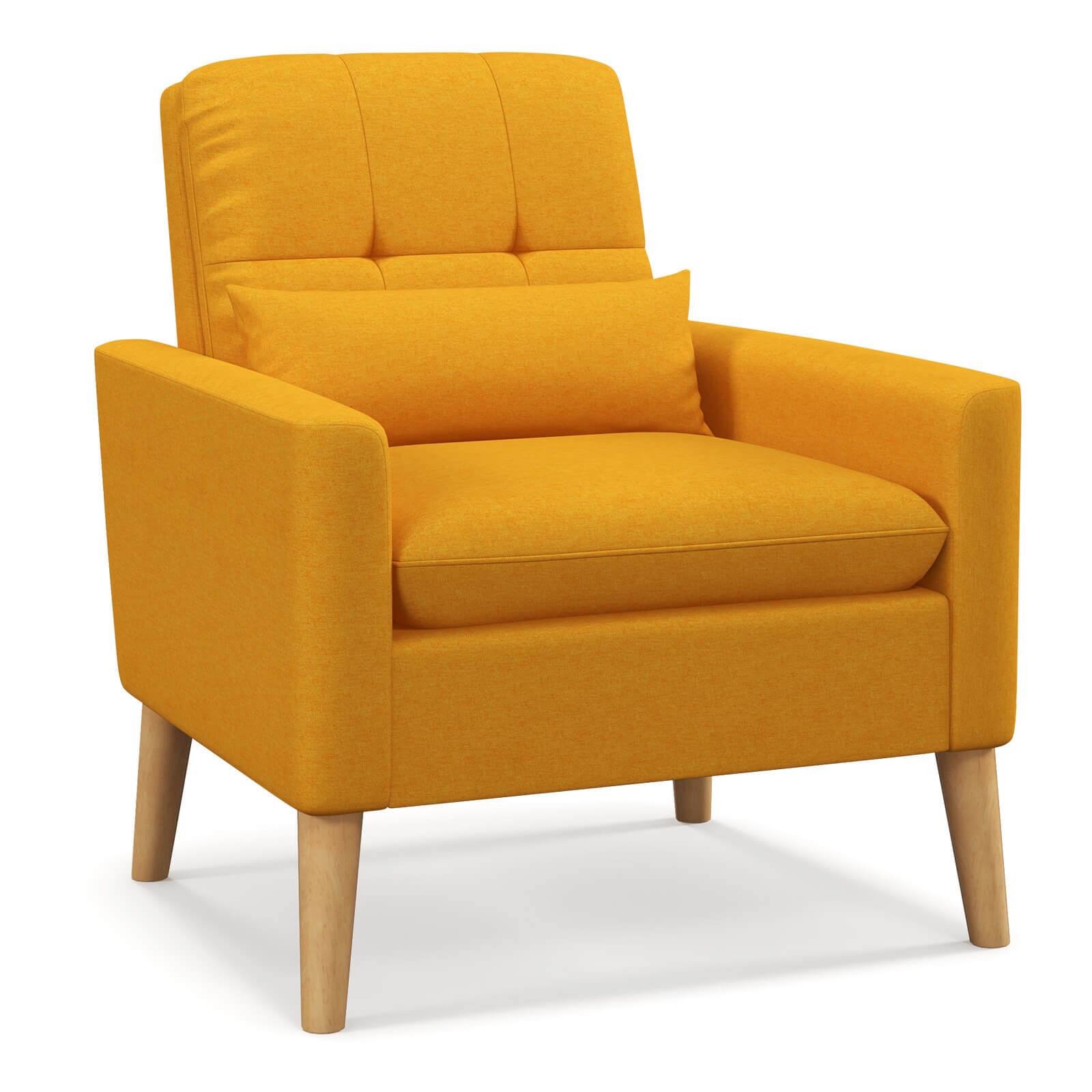 Costway - Mid-Century Modern Linen Accent Chair with Lumbar Pillow - Yellow