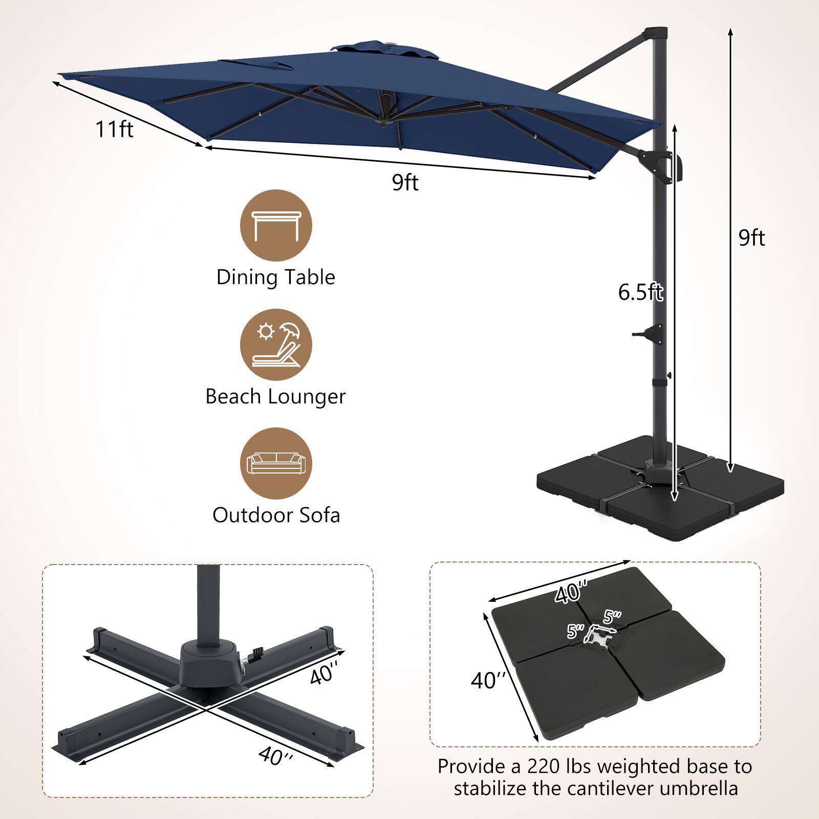 11ft 9ft 9ft Dining Table 6.5ft Beach Lounger Outdoor Sofa 40" 40" 40" 50" 40" Provide a 220 lbs weighted base to stabilize the cantilever umbrella