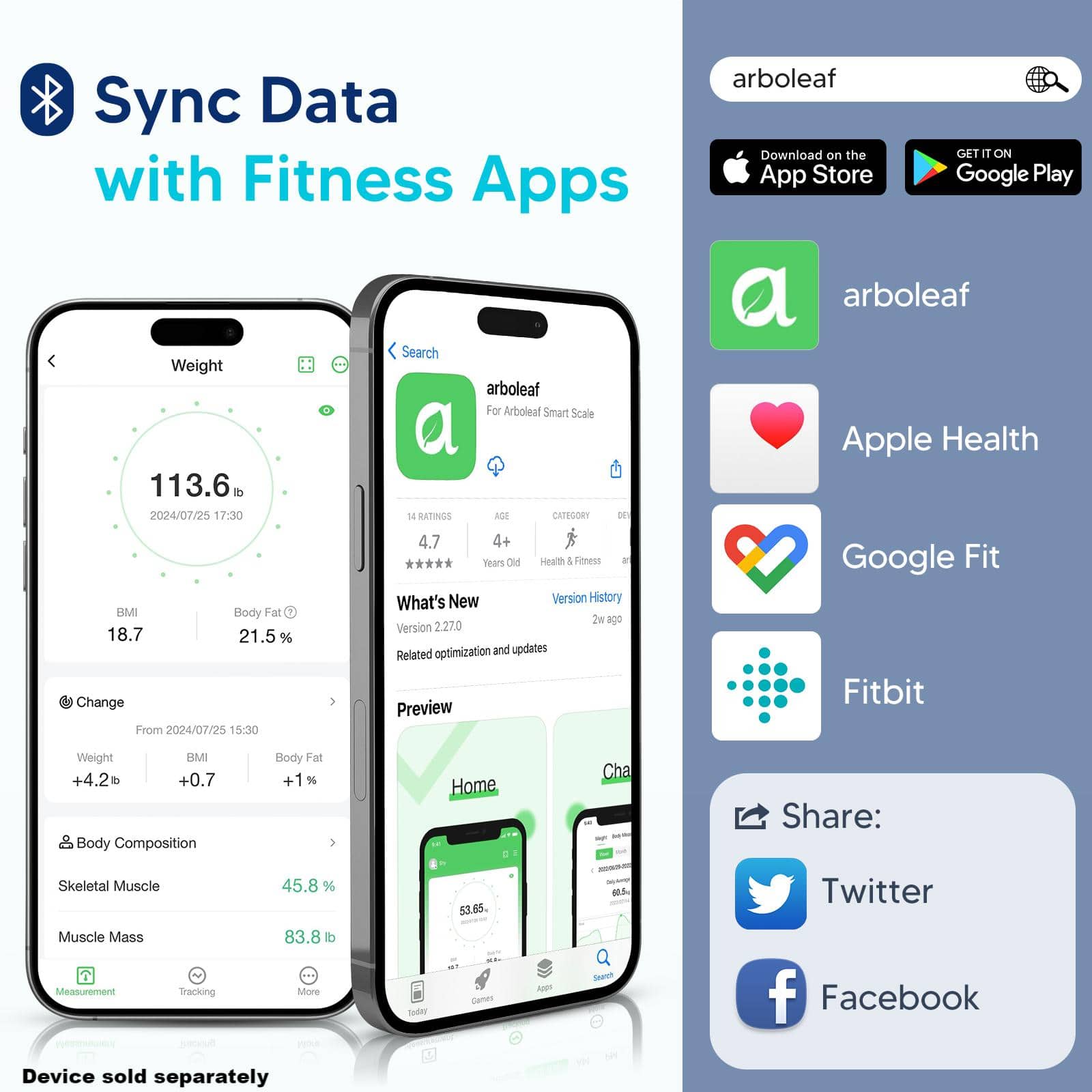 Sync Data with Fitness Apps arboleaf
Download on the App Store GET IT ON Google Play arboleaf
Weight 113.6
2024/07/25 17:30
Search 1
RATINGS arboleaf
For Arboleat Smart Scale
AGE CATEGORY 21.5%
Change From 2024/07/25 15:30
4.7
4+ Years
Body Fat 18.7
Body Composition 83.8
Muscle Mass 45.8%
Skeletal Muscle 83.8%
Measurement Tracking
More Features
Device sold separately
Today 53.55 kg
Share:
Twitter
Facebook