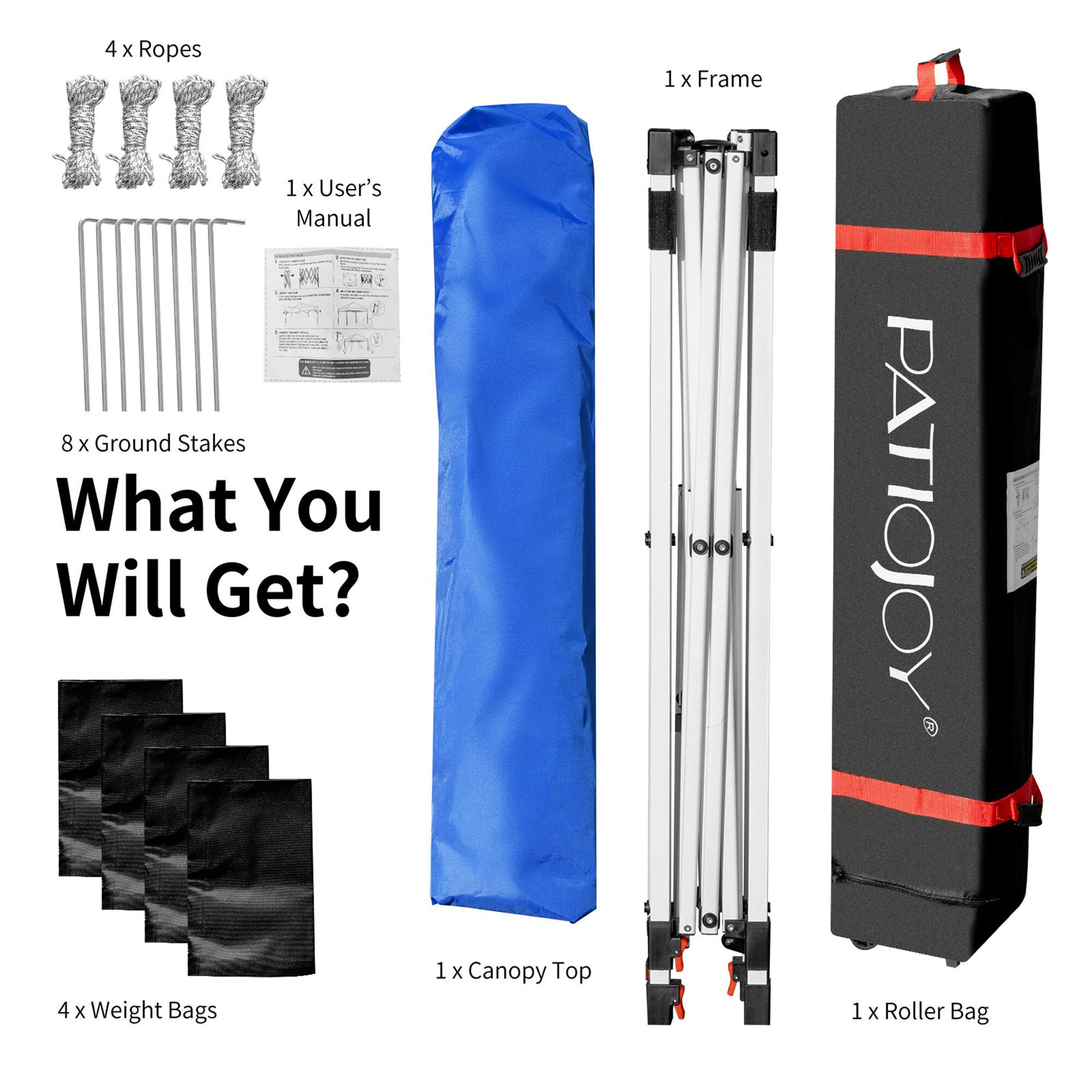 Here is the corrected and grouped text:

**What You Will Get?**

- 4 x Ropes
- 1 x Frame
- 1 x User's Manual
- 8 x Ground Stakes
- 4 x Weight Bags
- 1 x Canopy Top
- 1 x Roller Bag