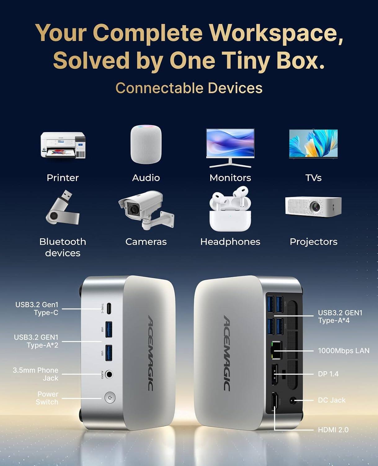 Your Complete Workspace, Solved by One Tiny Box.  
Connectable Devices

- Printer
- Audio
- Monitors
- TVs
- Bluetooth devices
- Cameras
- Headphones
- Projectors

USB3.2 Gen1 Type-C  
USB3.2 GEN1 Type-A*2  
3.5mm Phone Jack  
Power Switch

USB3.2 GEN1 Type-A*4  
1000Mbps LAN  
DP 1.4  
DC Jack  
HDMI 2.0