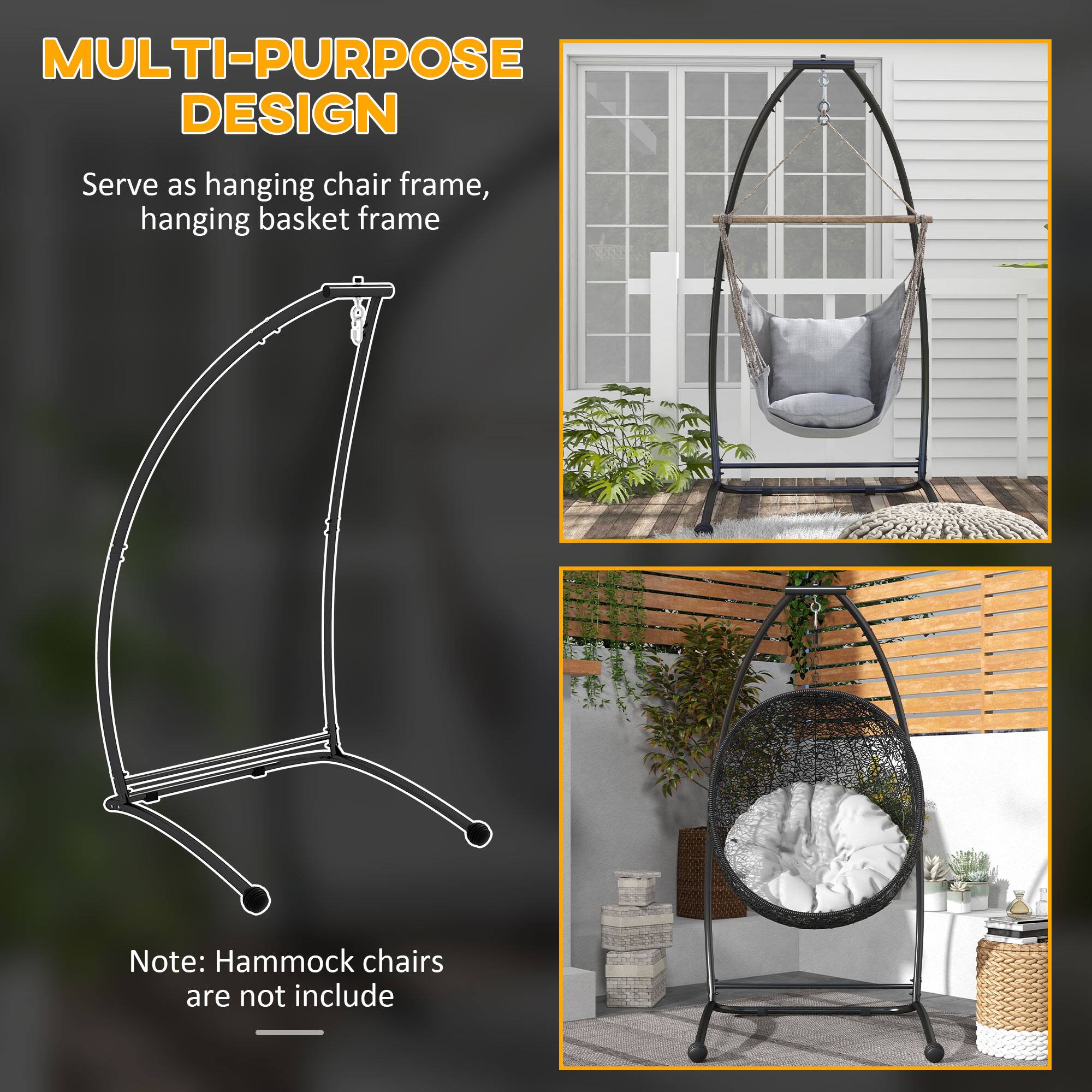 MULTI-PURPOSE DESIGN

Serve as hanging chair frame, hanging basket frame

Note: Hammock chairs are not include