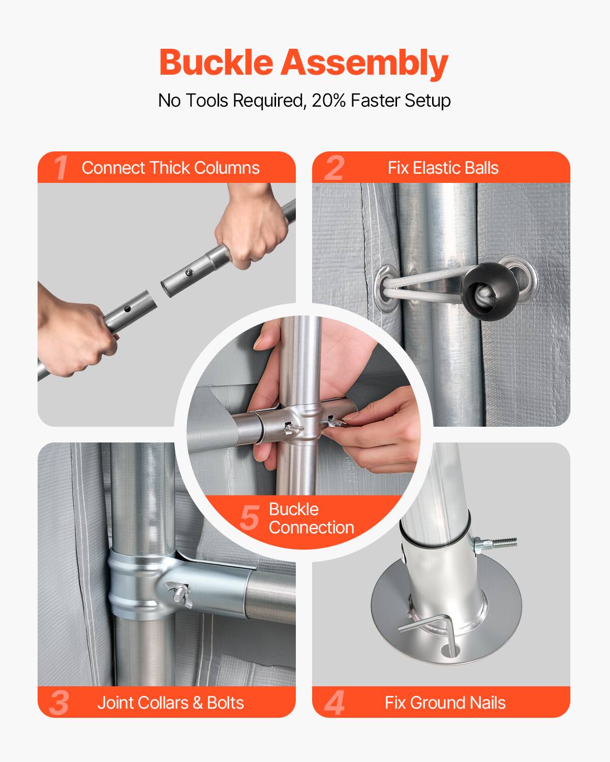 Buckle Assembly
No Tools Required, 20% Faster Setup
1. Connect Thick Columns
2. Fix Elastic Balls
3. Joint Collars & Bolts
4. Fix Ground Nails
5. Buckle Connection