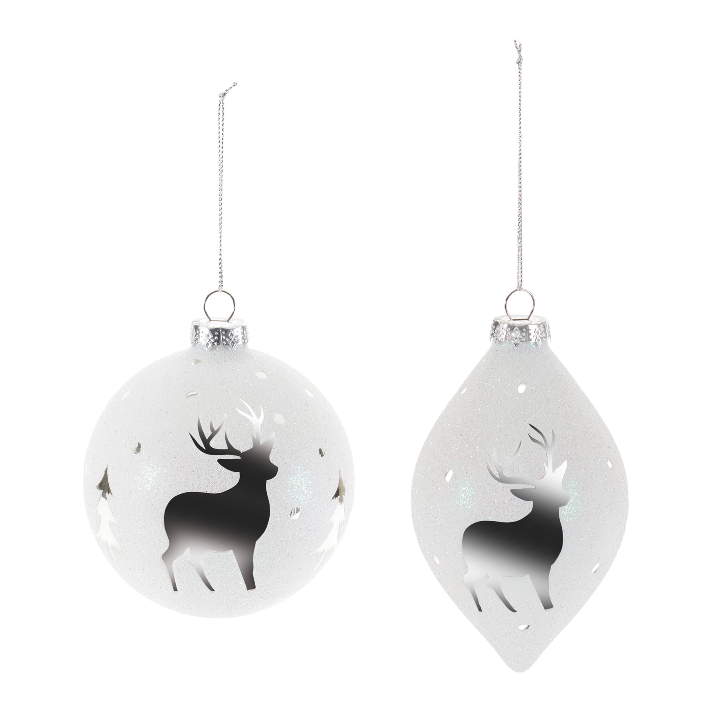 Angle. BreeBe - Glittered Glass Deer Ornament (Set of 6) - Gray.