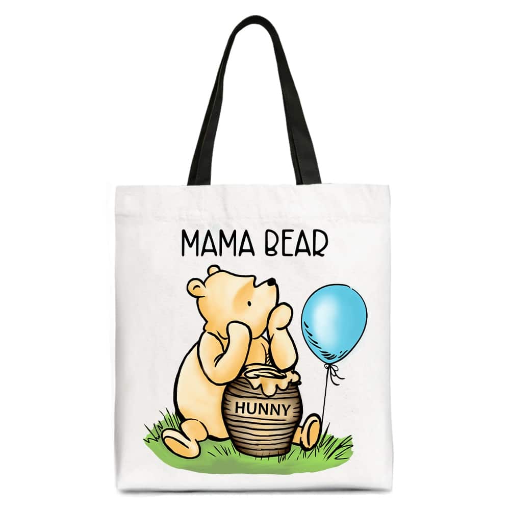 OrnamentallyYou - Charming Mama Bear Cute Canvas Tote Bag, Mom Gift Shopper - White Black