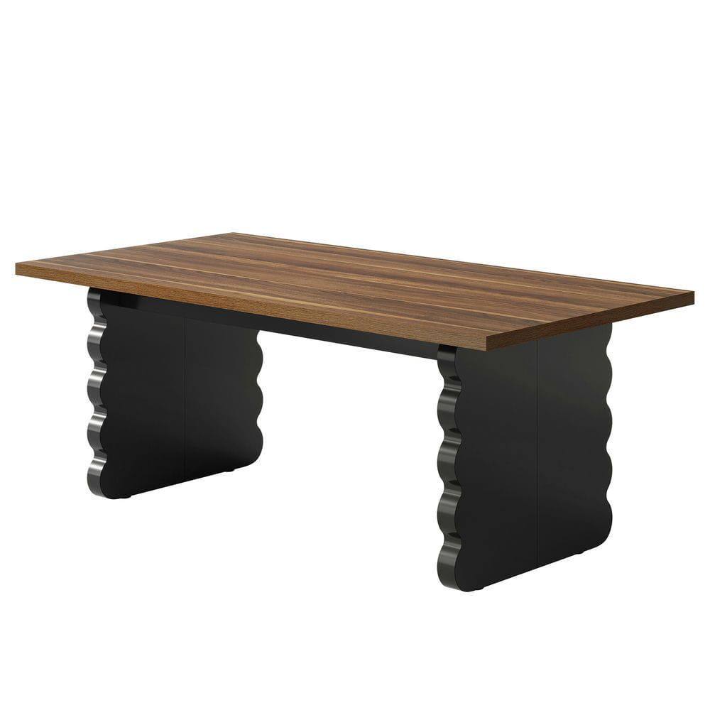 Back. Kadyn - 63-Inch Modern Dining Table for 6 with Black Wave-Shaped Metal Legs - Brown.