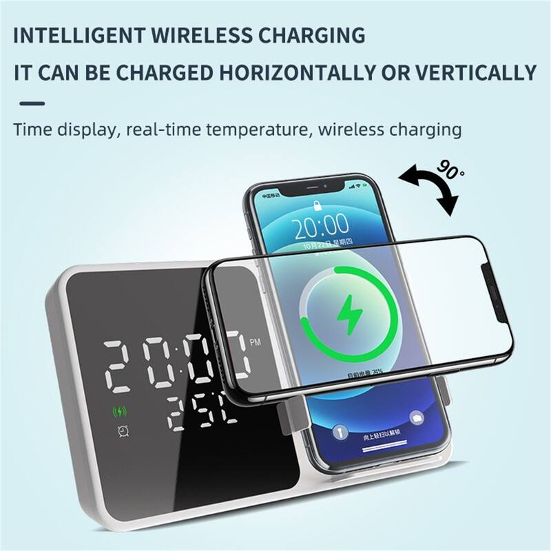 INTELLIGENT WIRELESS CHARGING  
IT CAN BE CHARGED HORIZONTALLY OR VERTICALLY  

Time display, real-time temperature, wireless charging  

20:00  
10月22日 星期四  
PM  
90°  
20%