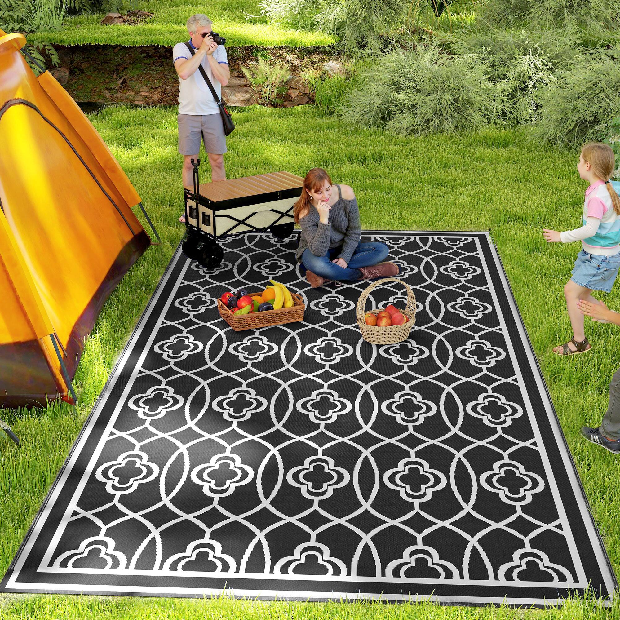 Alt View 1. Outsunny - Outdoor Rug for Patio, 9' x 18' Waterproof Large Mat, Reversible Plastic Straw Rug for Décor - Black and White Lantern.