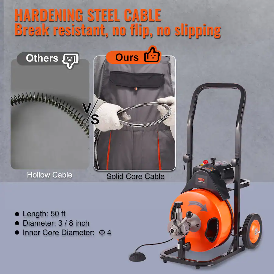 Snake Machine VEVOR Drain Cleaning Machine 50 FT x 3/8 Inch, Sewer Snake Machine Auto ...