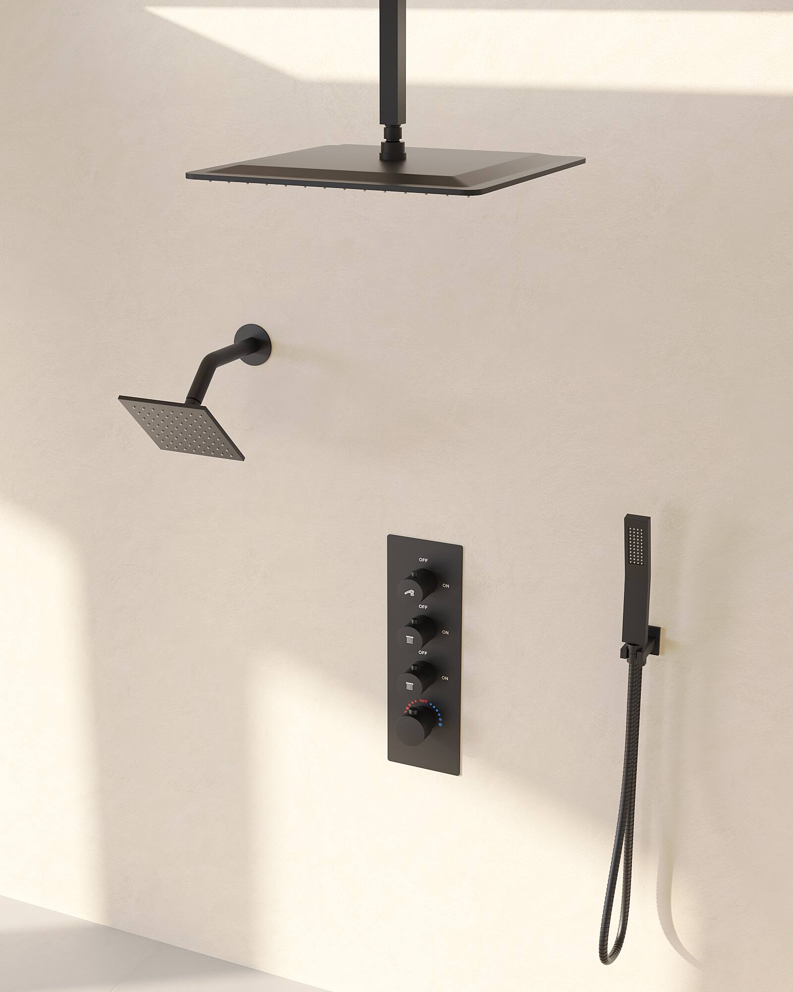 Alt View 9. GRANDJOY - Modern Thermostatic Anti-Scald Shower Faucet Set with Multi-Function Head & Flexible Hose - Matte Black.