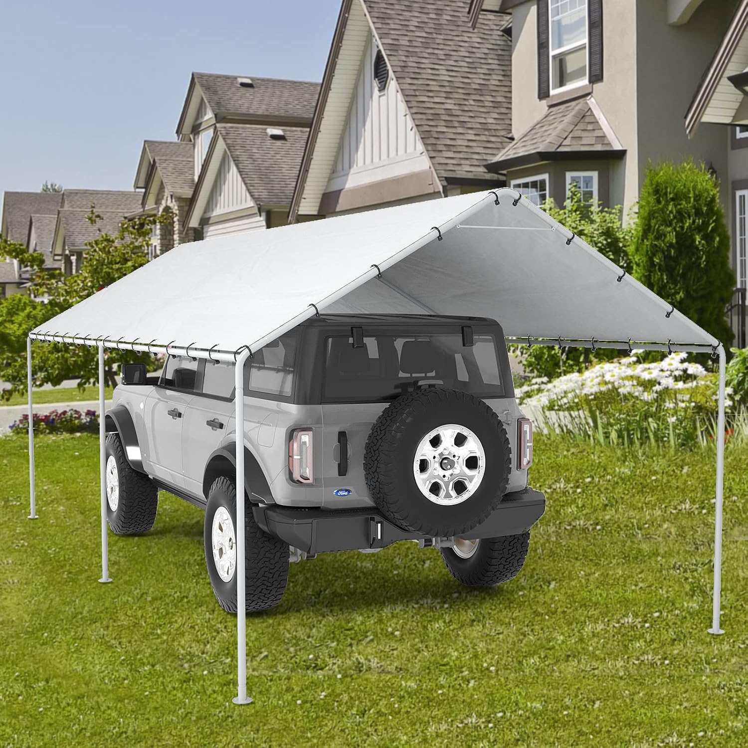 Alt View 6. MOOSOO - 10 x 20 Ft Carport, Replacement Canopy Cover Garage Top Tent Shelter Tarp with Ball Bungee Cords (Only Cover) - White.