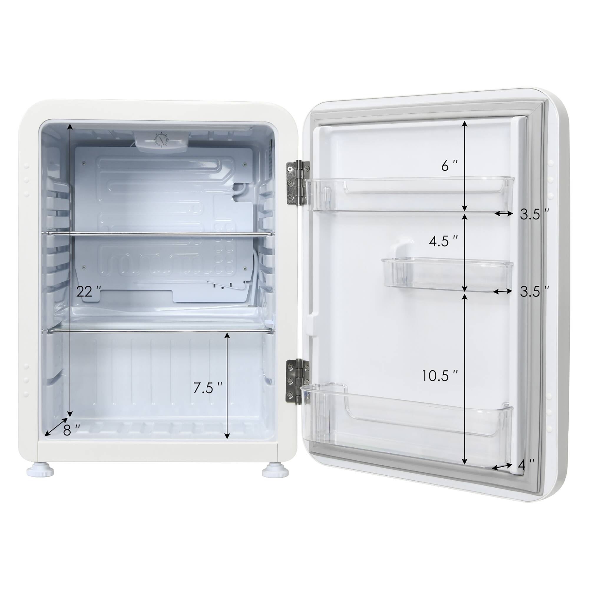 - Width: 8"
- Height: 22"
- Depth: 7.5"
- Top shelf height: 4.5"
- Bottom shelf height: 7.5"
- Door width: 3.5"
- Door height: 10.5"
- Door depth: 4"
- Top compartment width: 3.5"
- Top compartment height: 6"